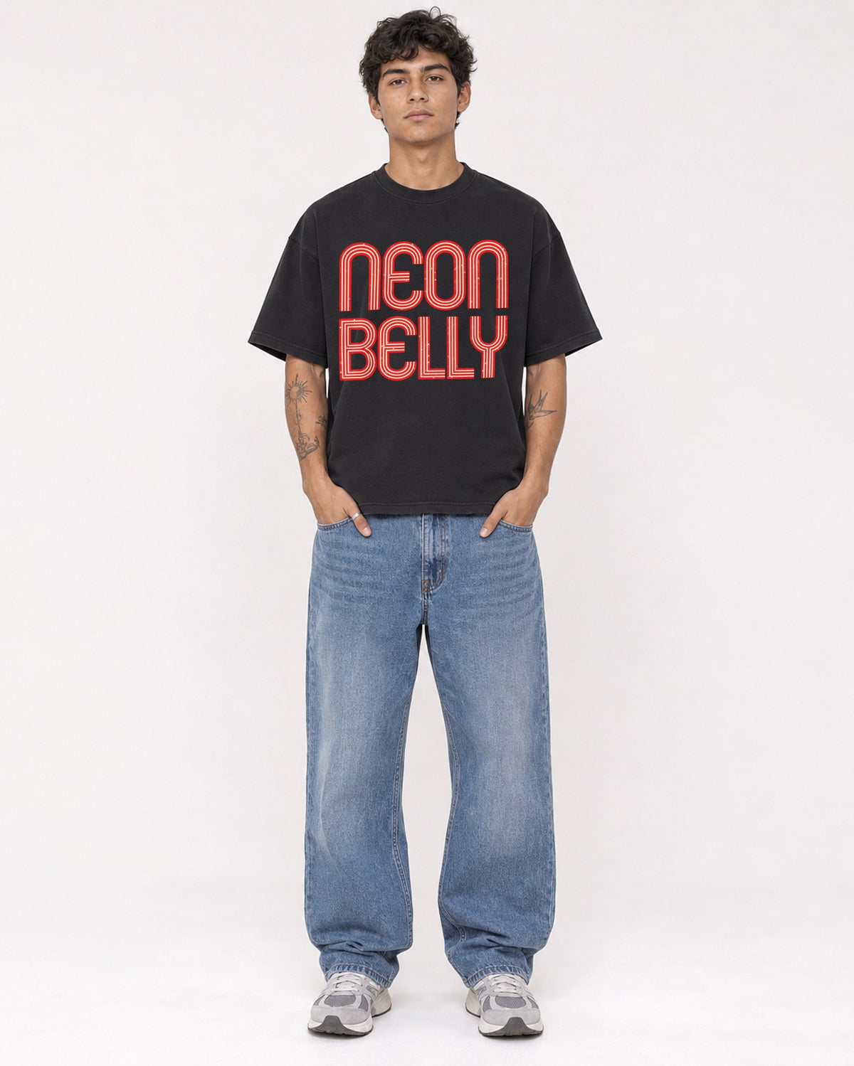 Mockup Boxy Heavyweight Tee Black male full-body 06