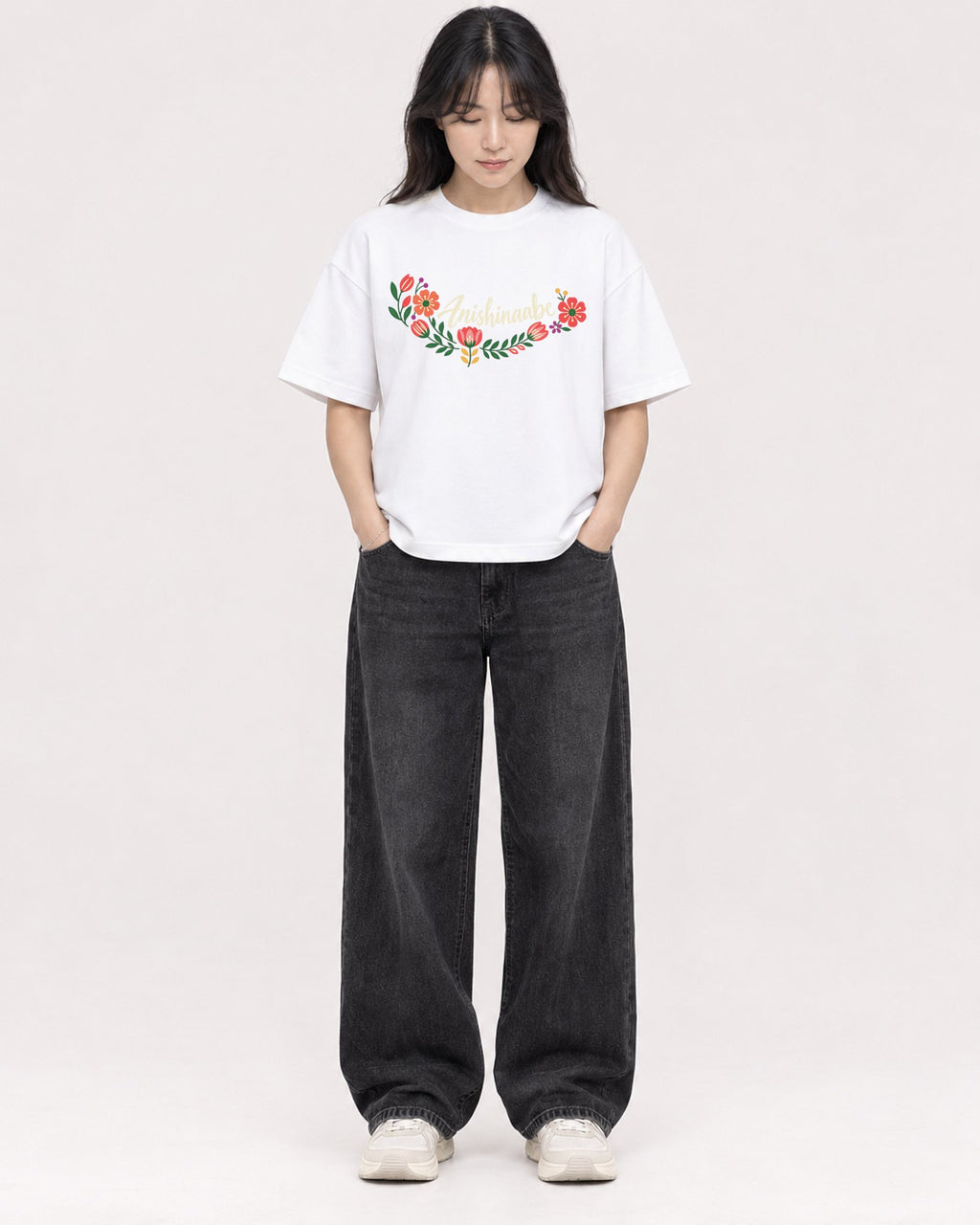 Mockup Boxy Heavyweight Tee White female full-body 13