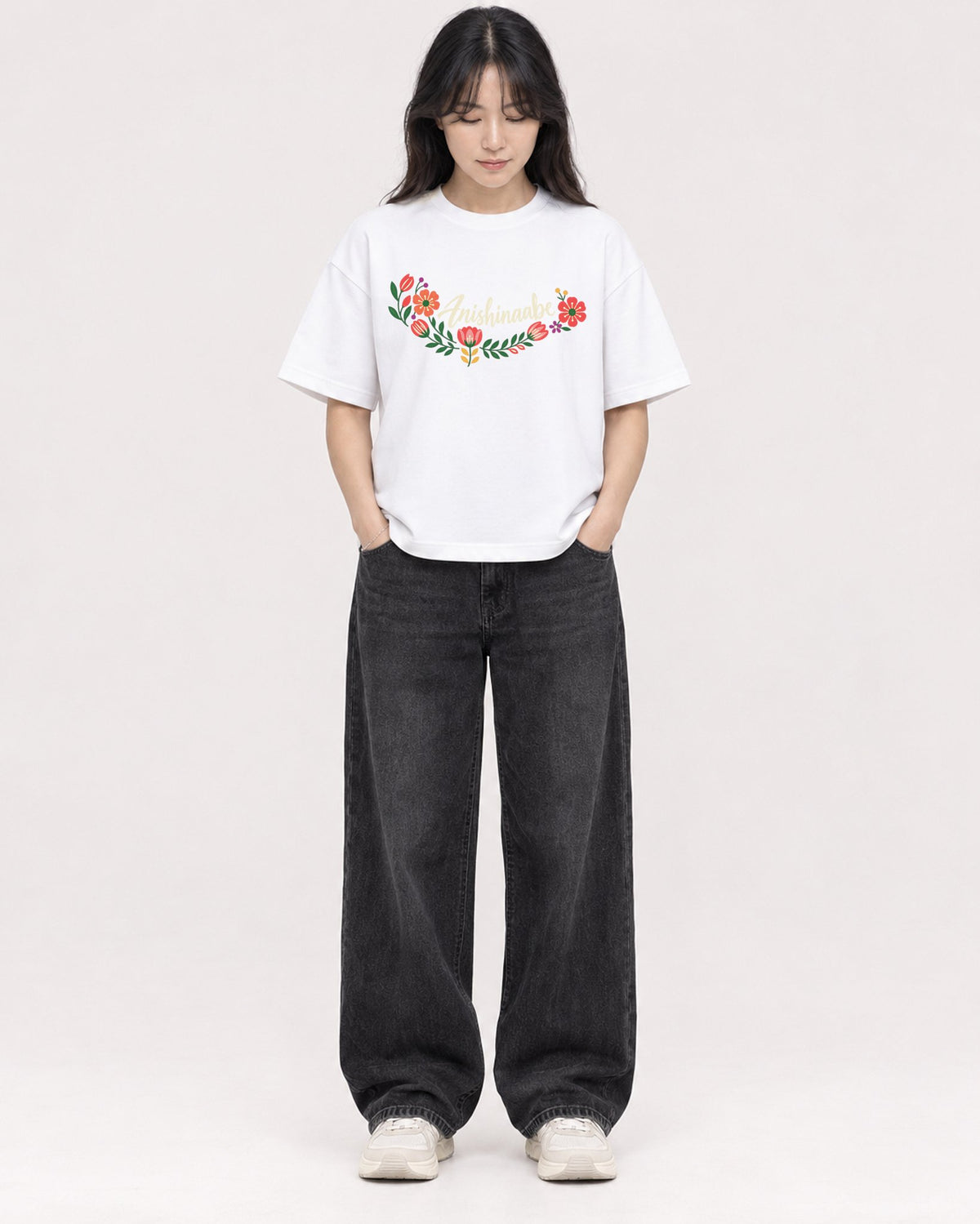 Mockup Boxy Heavyweight Tee White female full-body 13