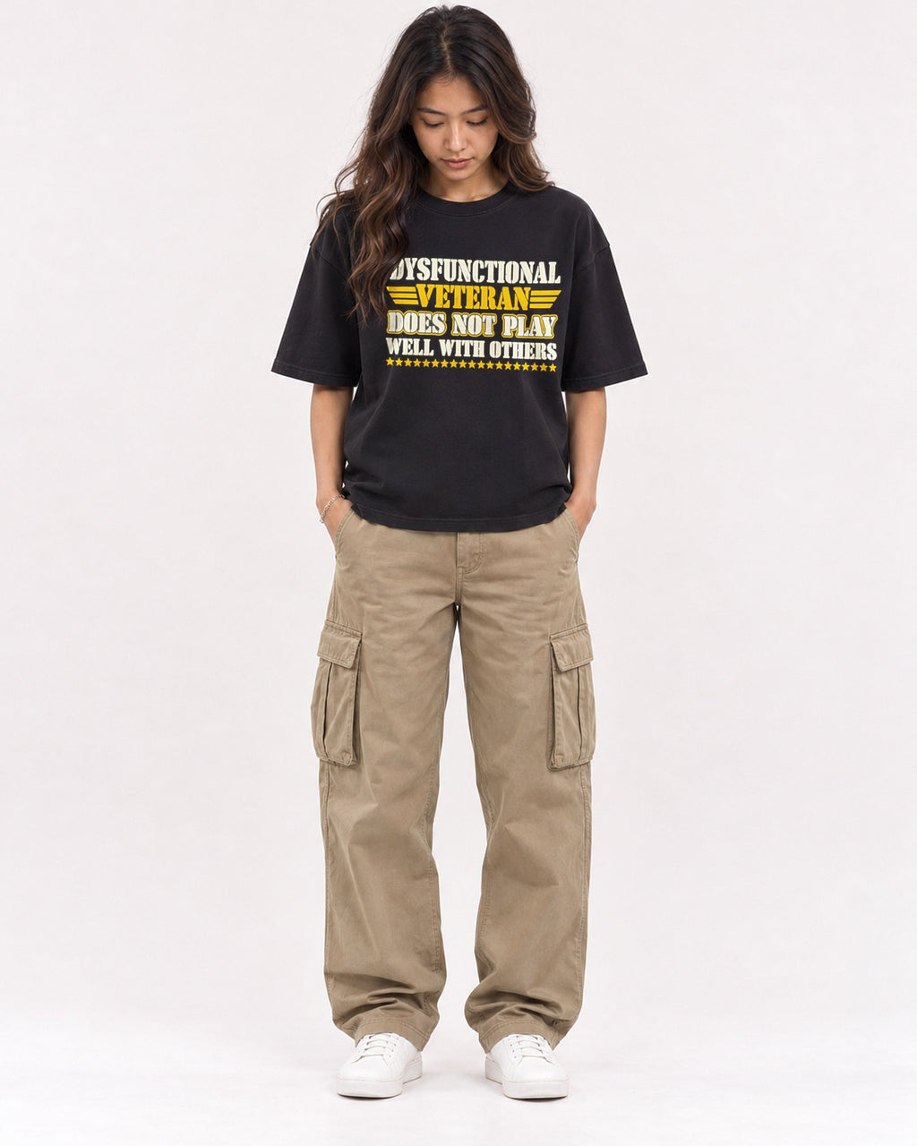 Mockup Boxy Heavyweight Tee Black female full-body 02
