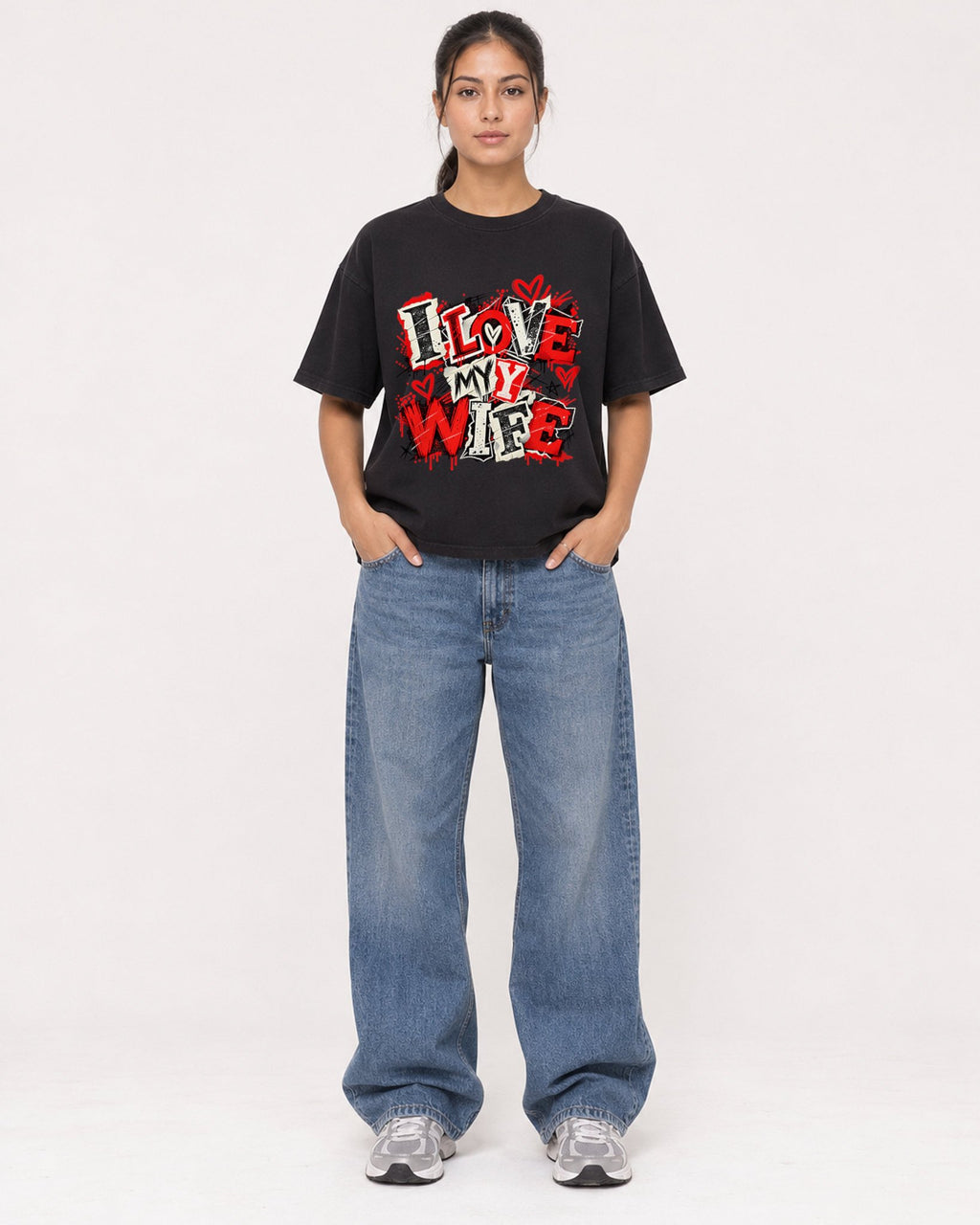 Mockup Boxy Heavyweight Tee Black female full-body 16