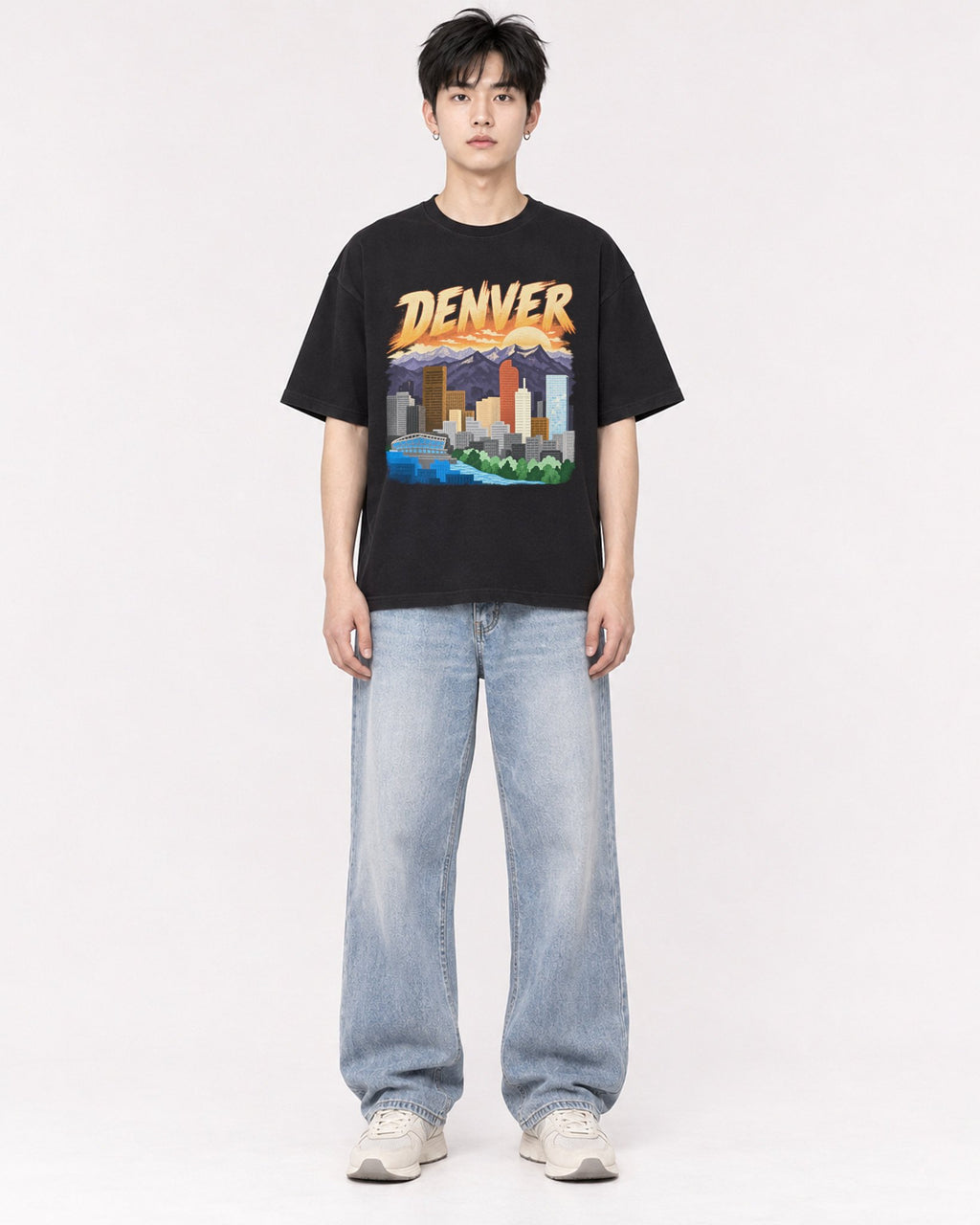 Mockup Boxy Heavyweight Tee Black male full-body 01