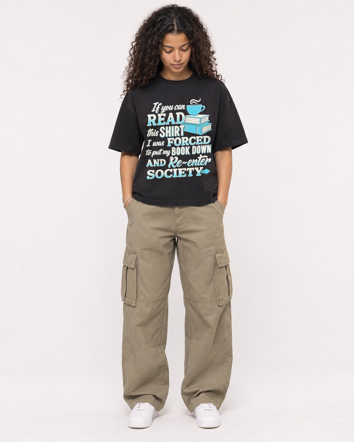Mockup Boxy Heavyweight Tee Black female full-body 10
