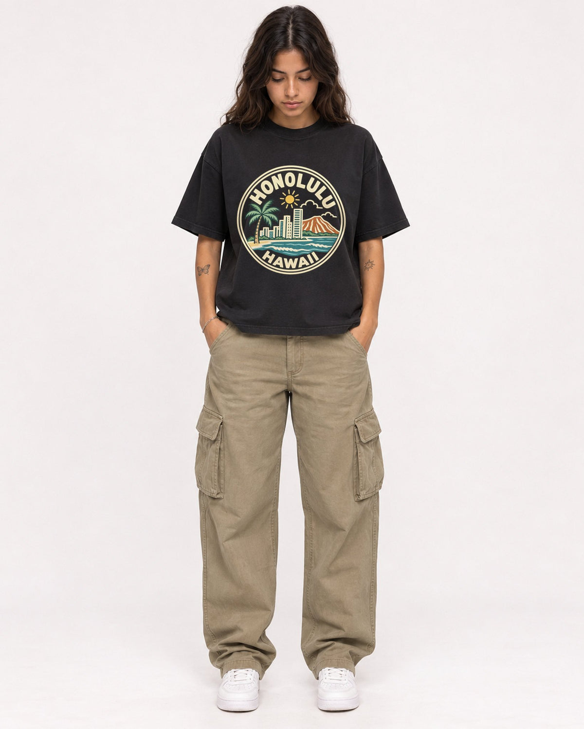 Mockup Boxy Heavyweight Tee Black female full-body 06
