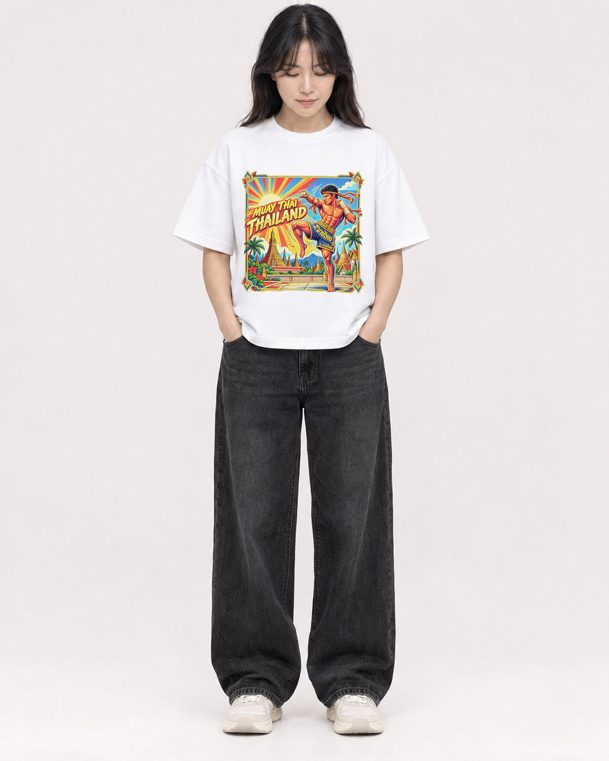 Mockup Boxy Heavyweight Tee White female full-body 13