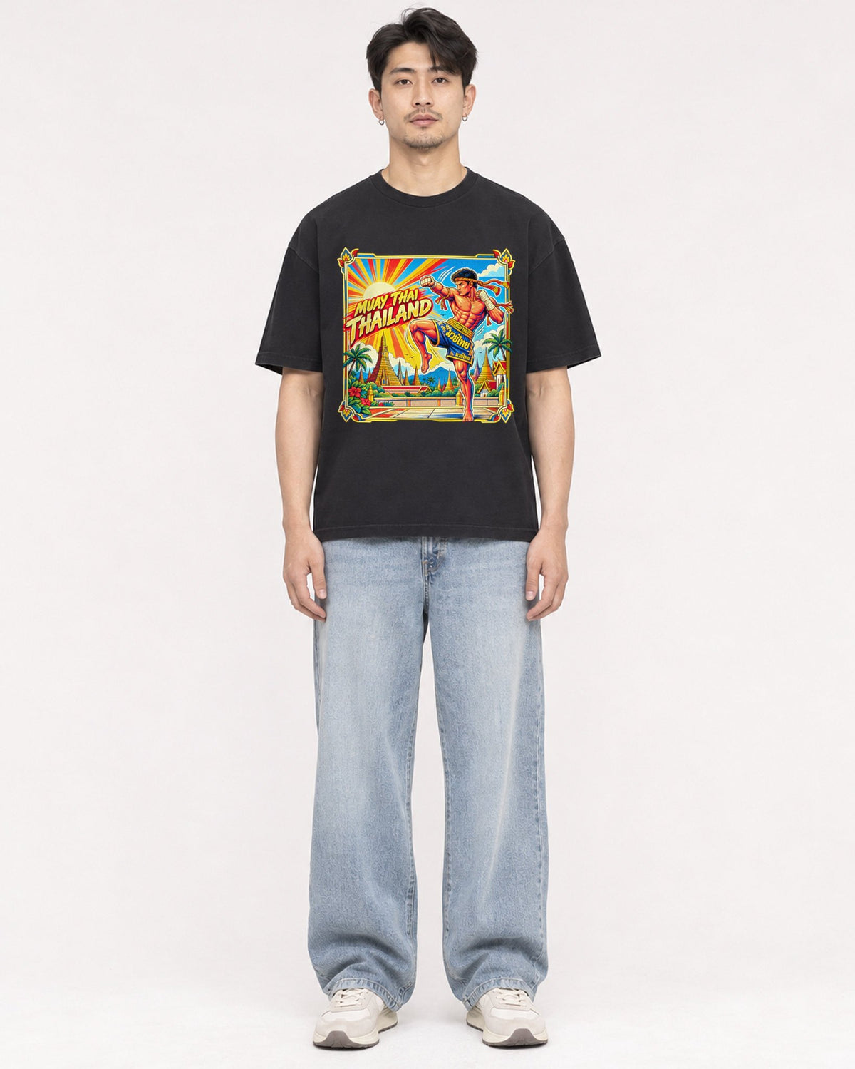 Mockup Boxy Heavyweight Tee Black male full-body 13