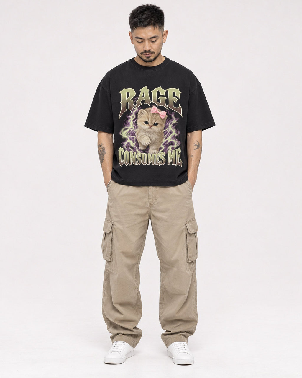 Mockup Boxy Heavyweight Tee Black male full-body 12