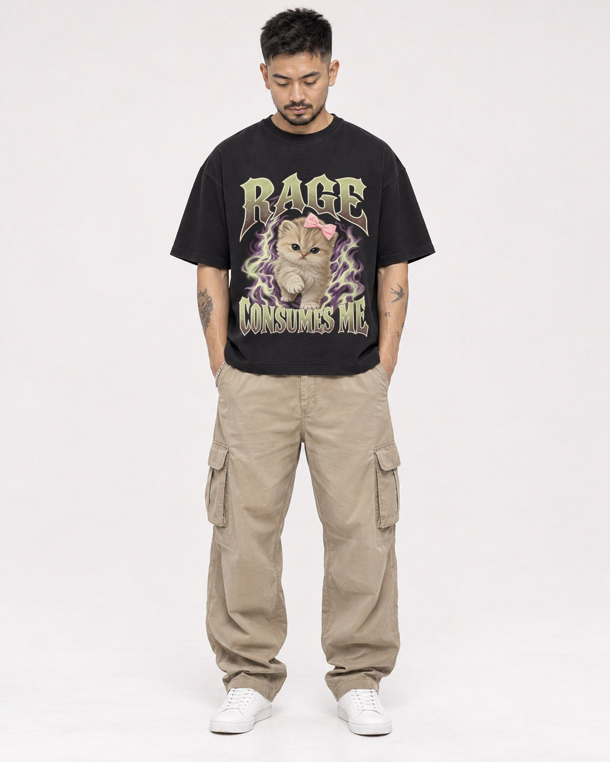 Mockup Boxy Heavyweight Tee Black male full-body 12