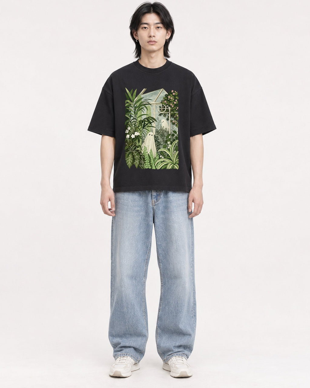 Mockup Boxy Heavyweight Tee Black male full-body 41