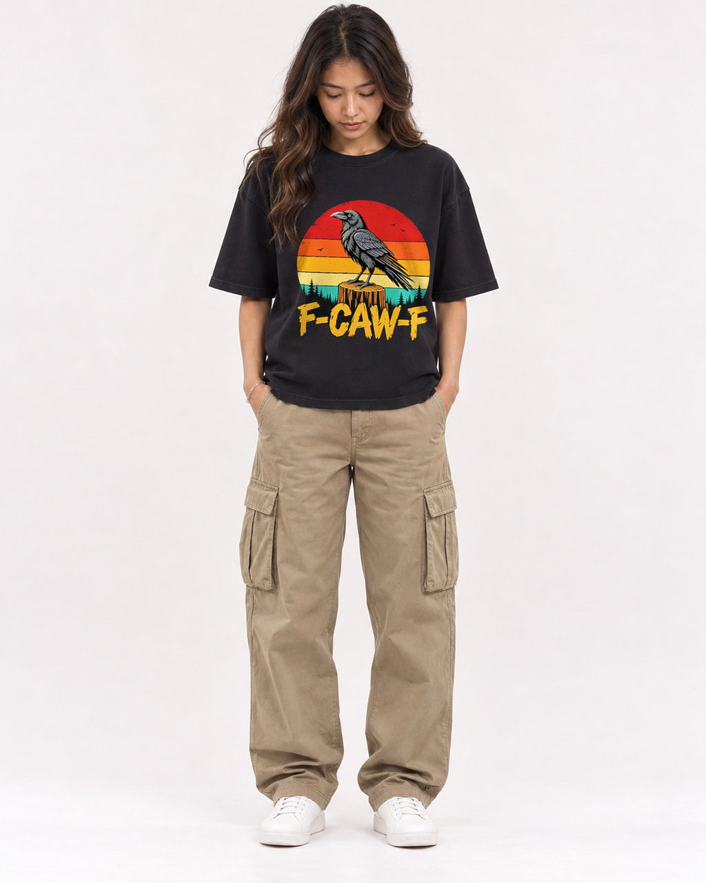 Mockup Boxy Heavyweight Tee Black female full-body 02