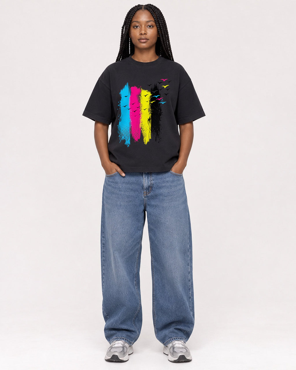 Mockup Boxy Heavyweight Tee Black female full-body 04