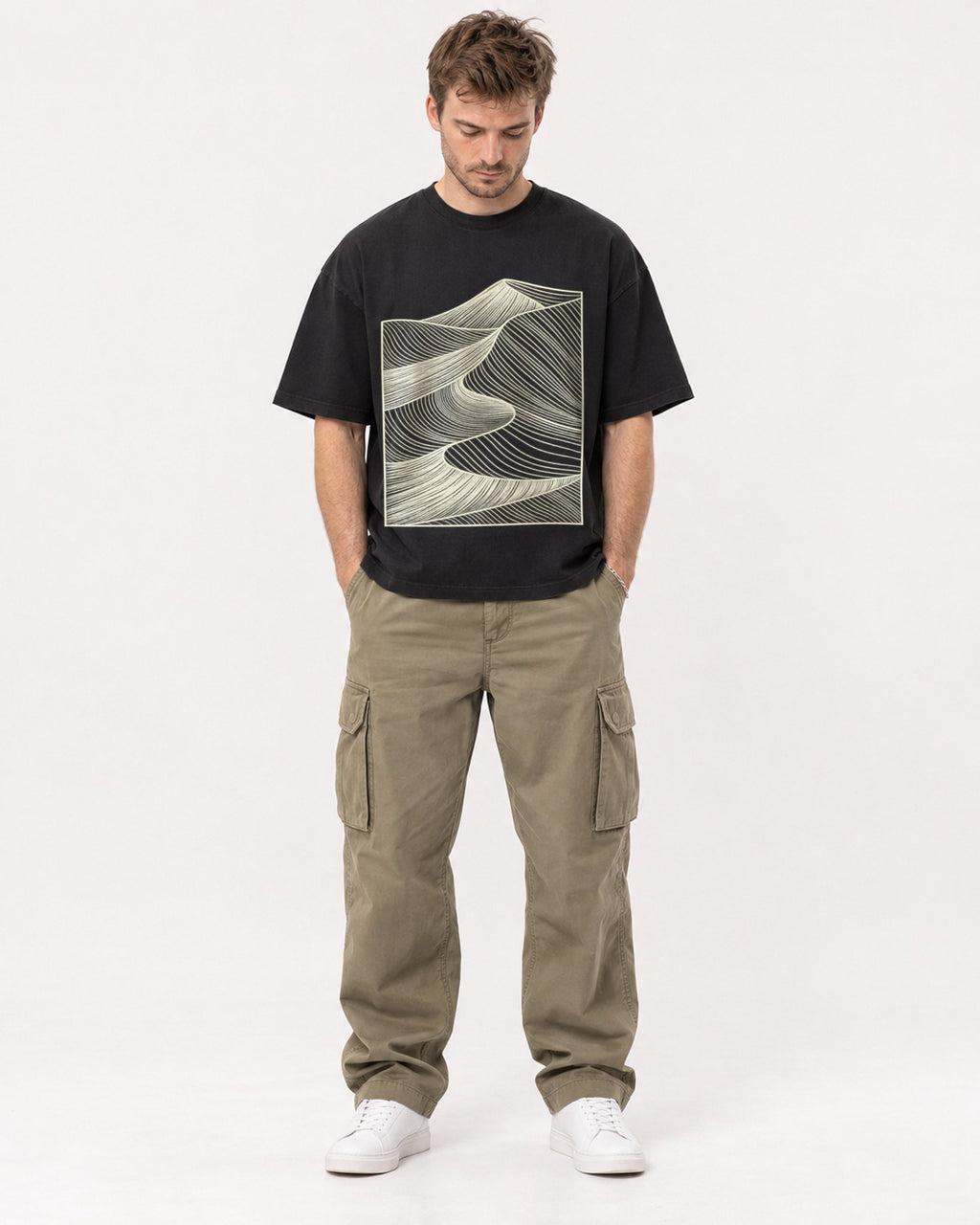 Mockup Boxy Heavyweight Tee Black male full-body 08