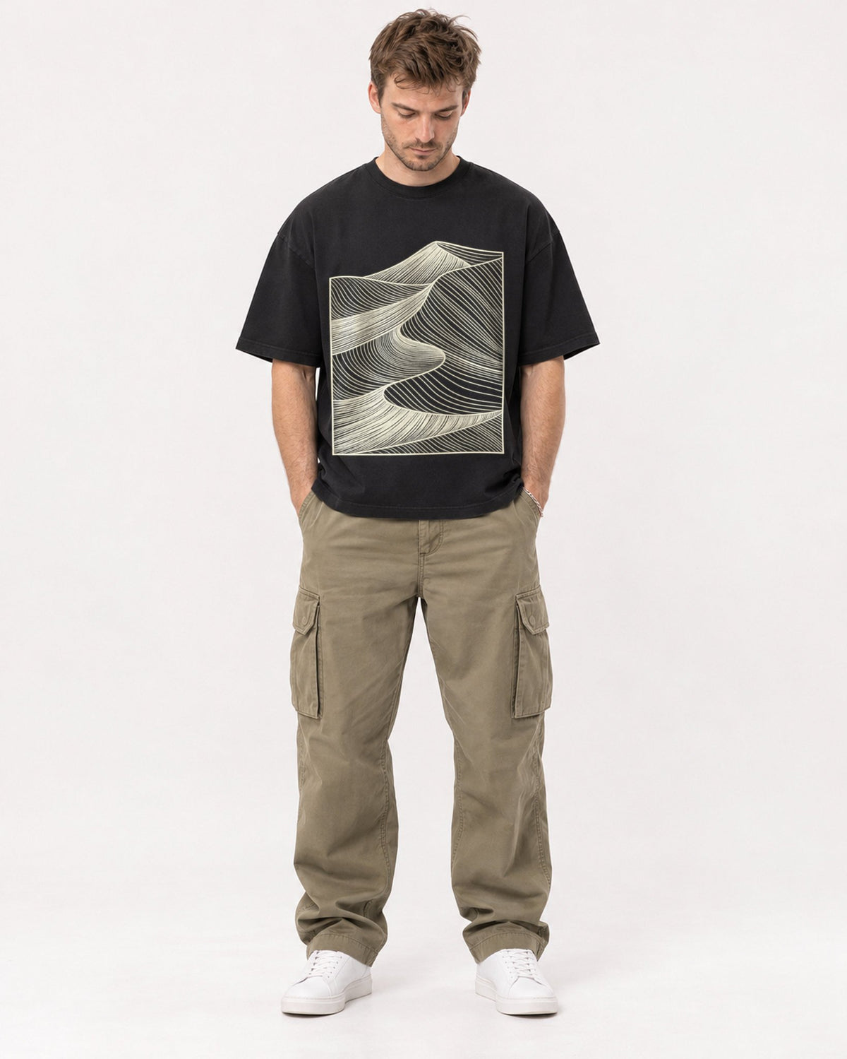 Mockup Boxy Heavyweight Tee Black male full-body 08