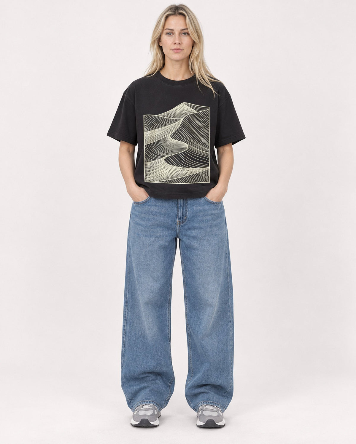 Mockup Boxy Heavyweight Tee Black female full-body 08