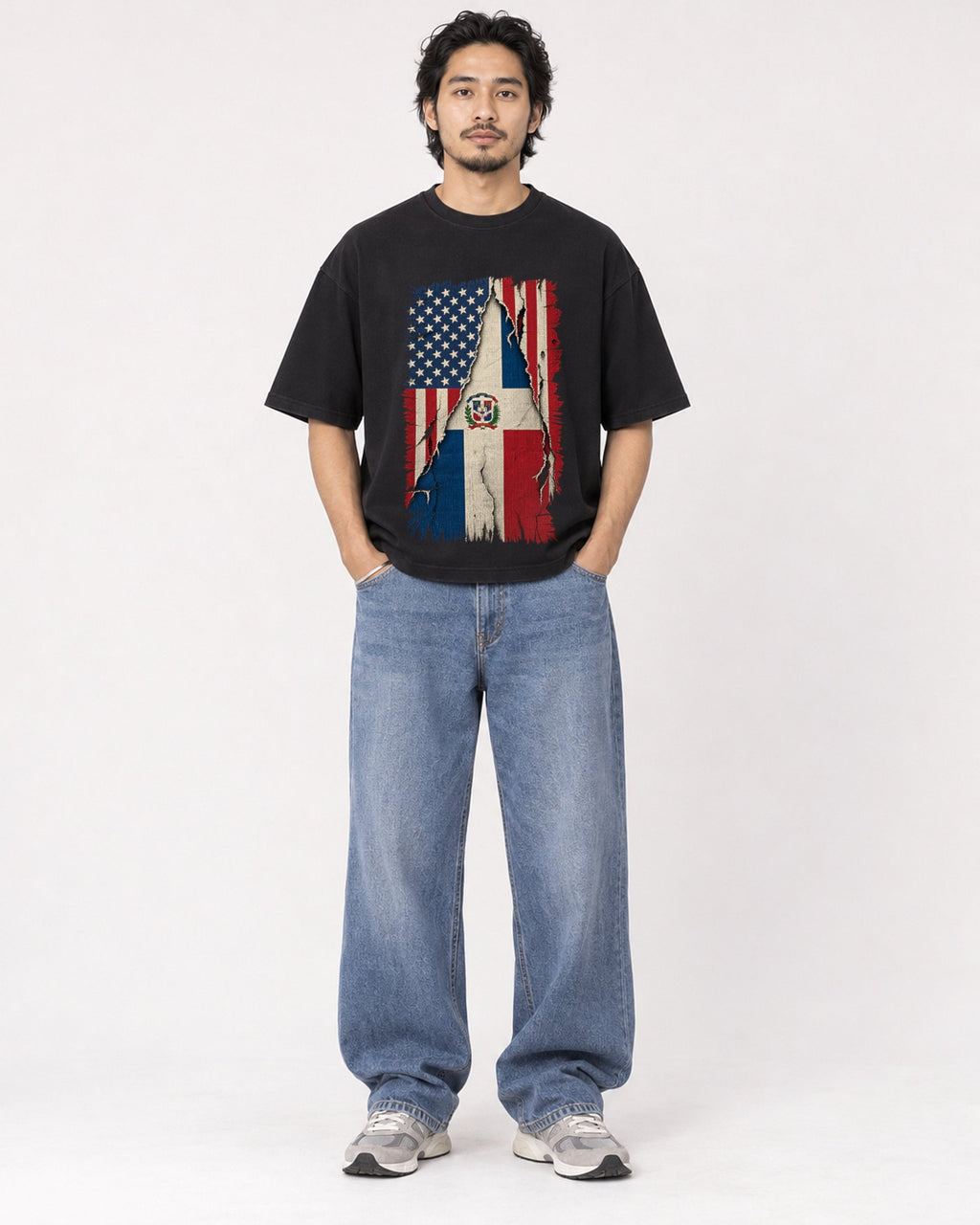 Mockup Boxy Heavyweight Tee Black male full-body 22