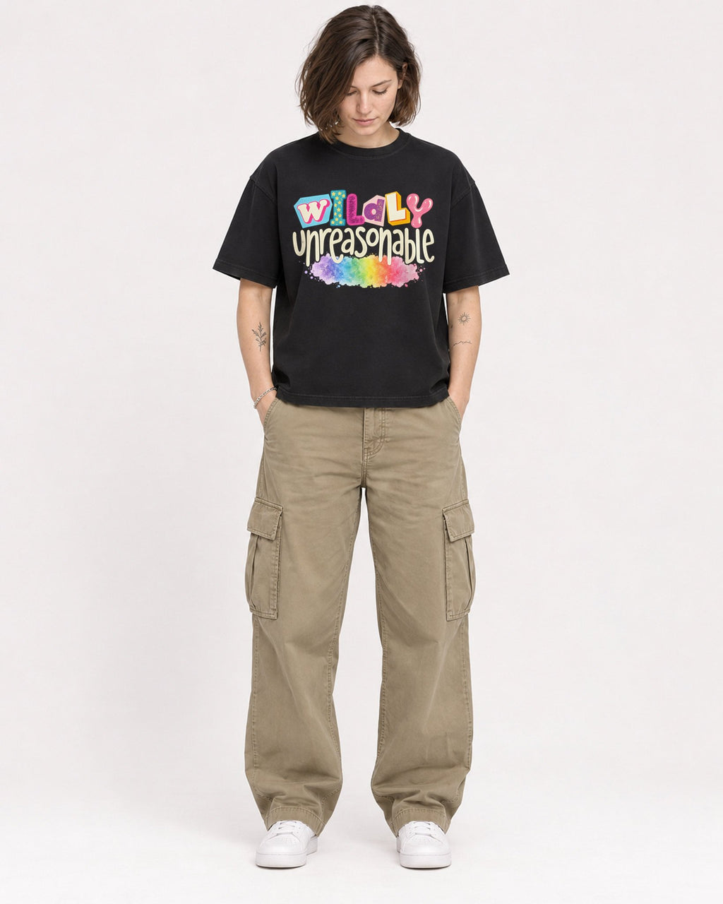 Mockup Boxy Heavyweight Tee Black female full-body 18