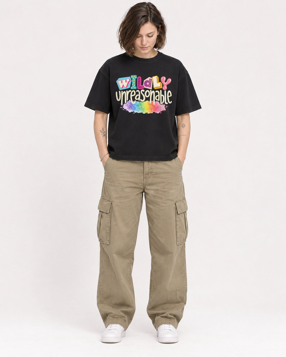 Mockup Boxy Heavyweight Tee Black female full-body 18