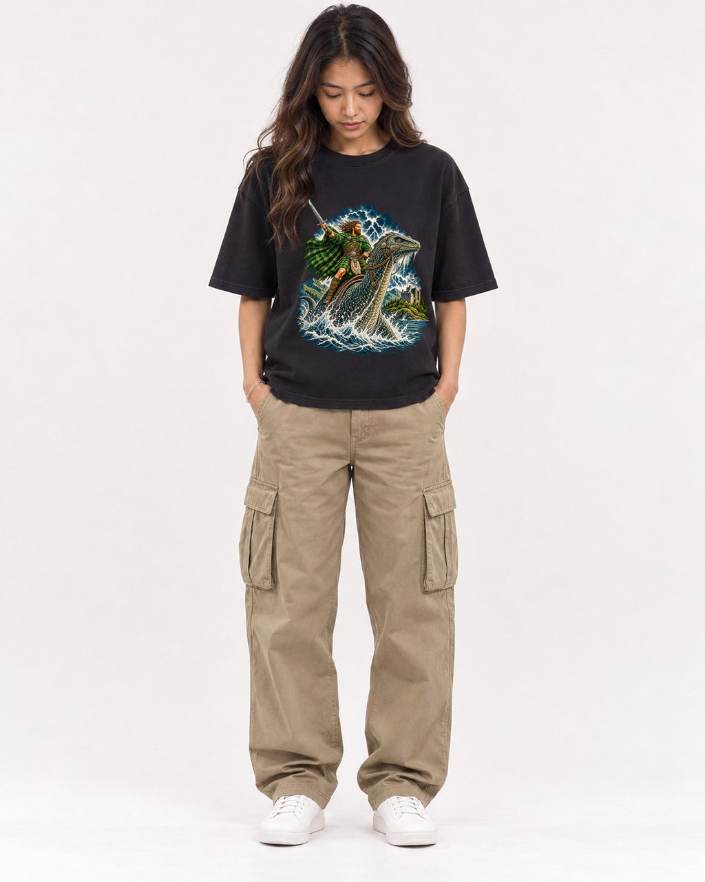 Mockup Boxy Heavyweight Tee Black female full-body 02