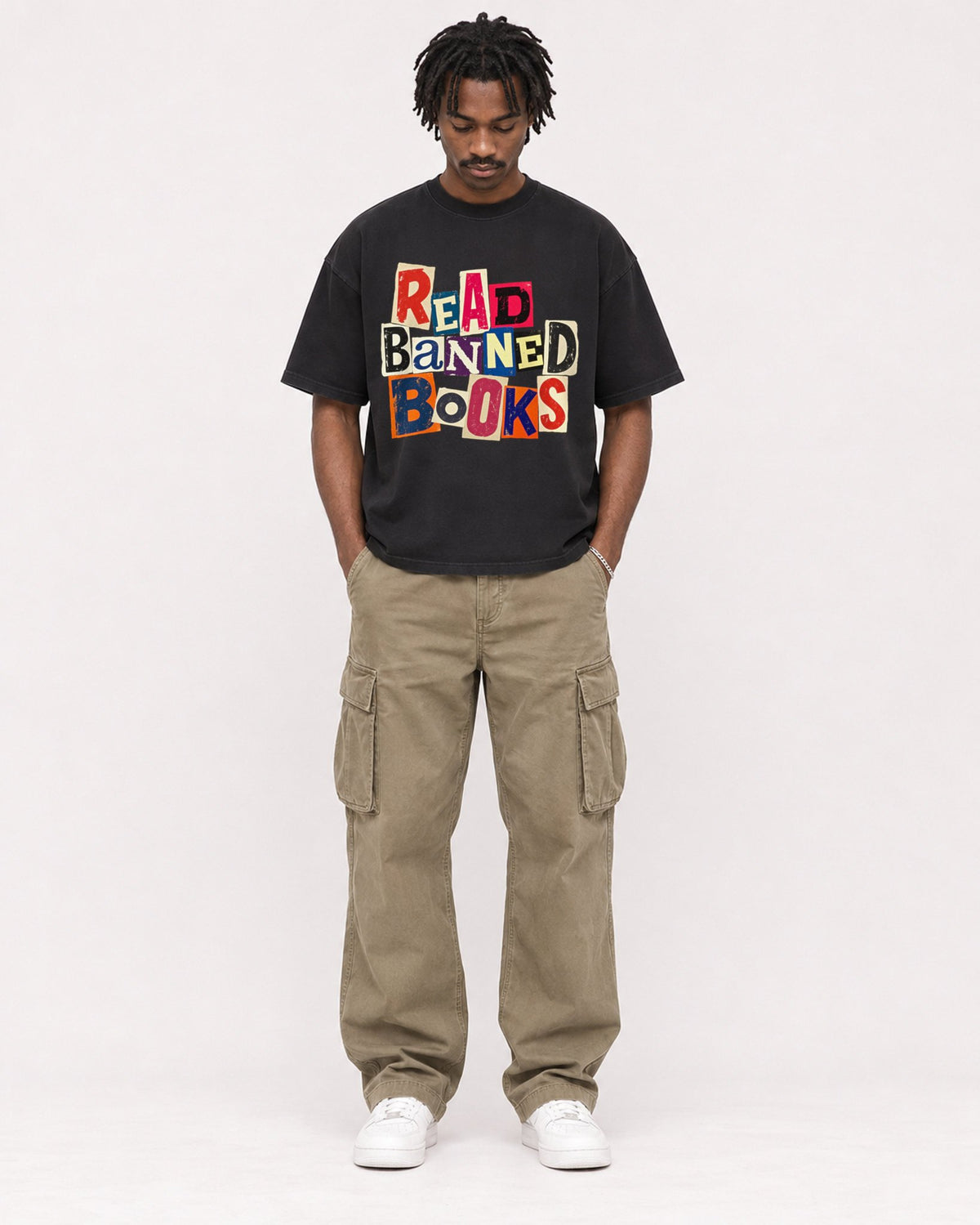 Mockup Boxy Heavyweight Tee Black male full-body 04