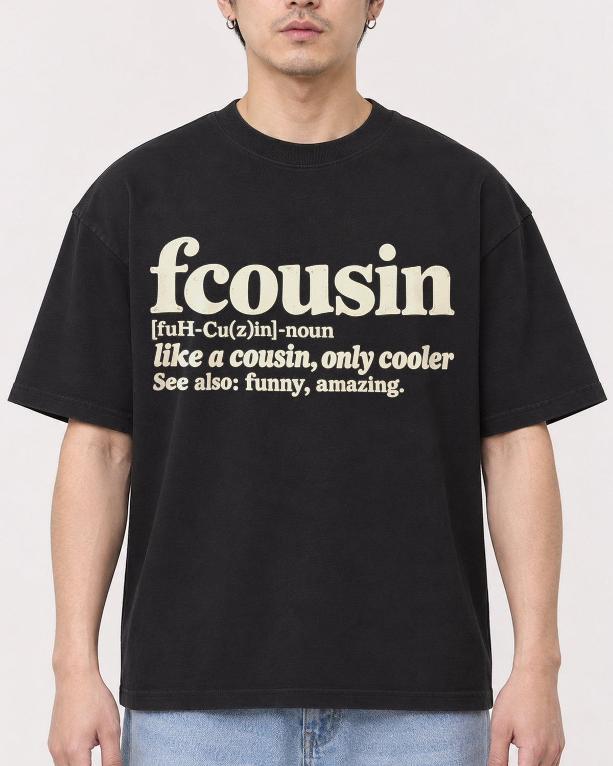 Mockup Boxy Heavyweight Tee Black male close-up 13