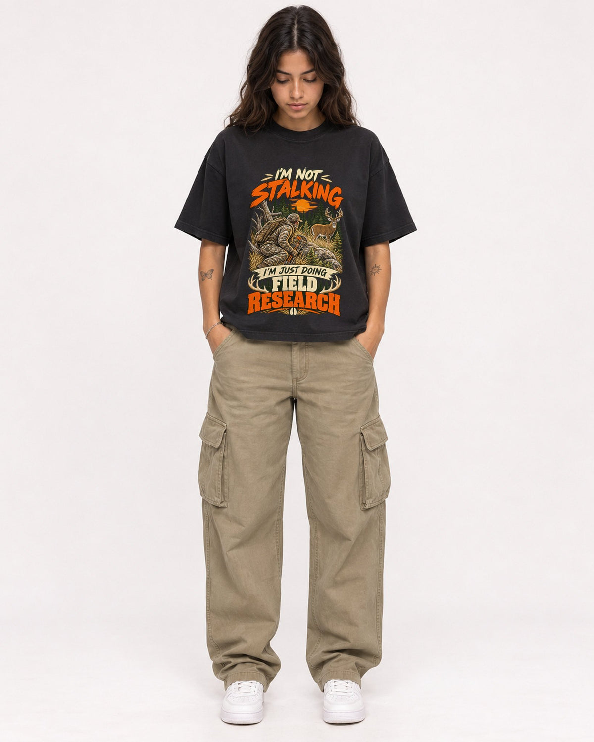 Mockup Boxy Heavyweight Tee Black female full-body 06