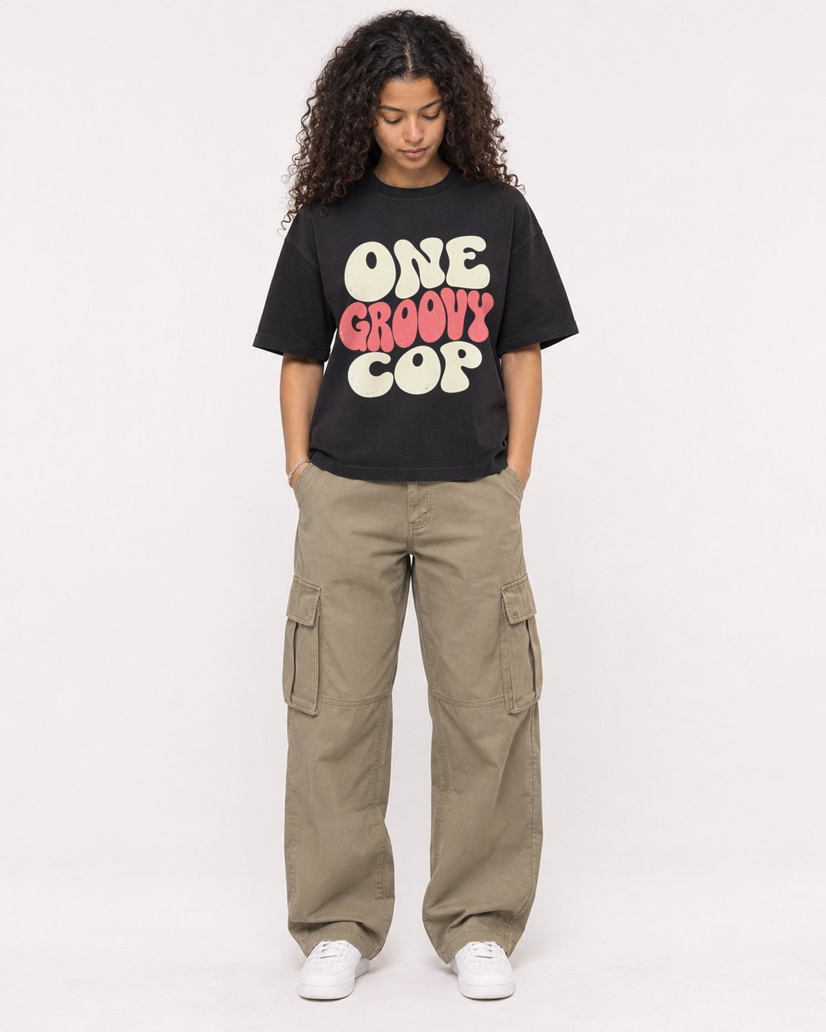 Mockup Boxy Heavyweight Tee Black female full-body 10