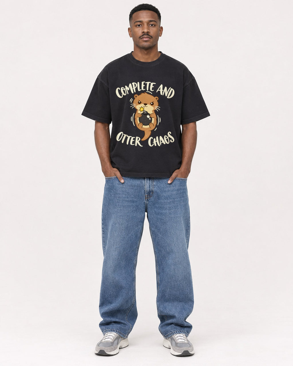 Mockup Boxy Heavyweight Tee Black male full-body 14