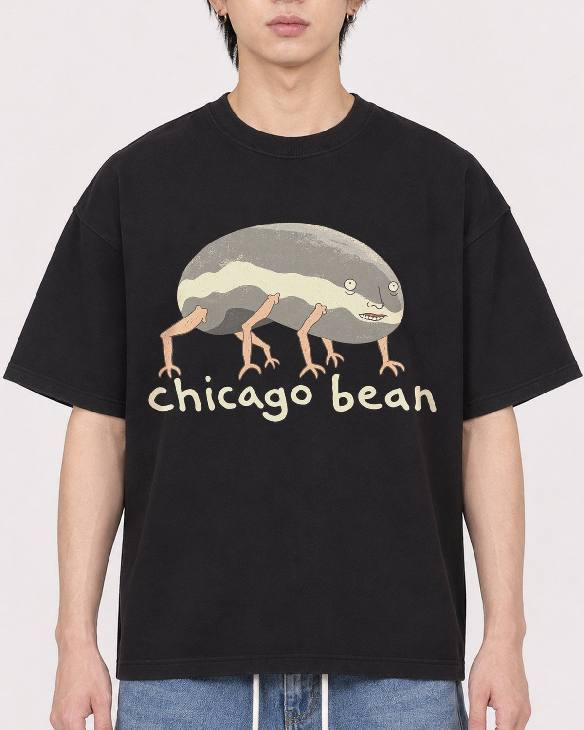 Mockup Boxy Heavyweight Tee Black male close-up 11