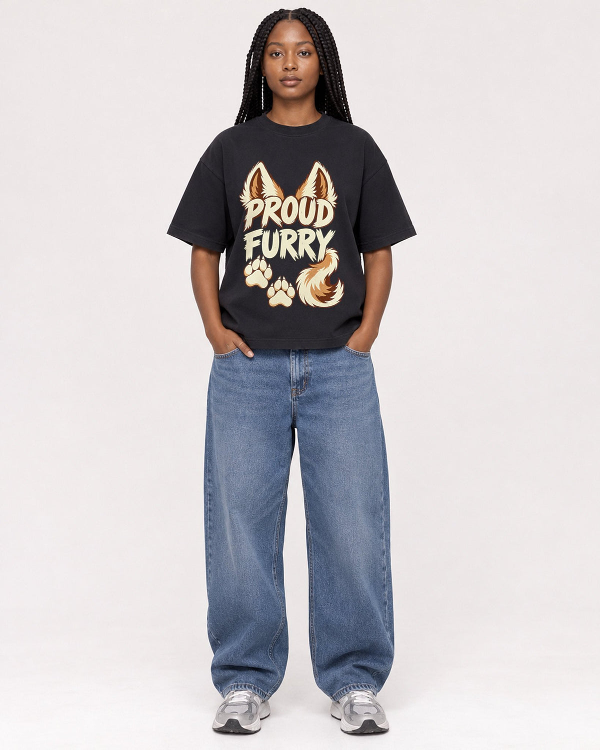 Mockup Boxy Heavyweight Tee Black female full-body 04