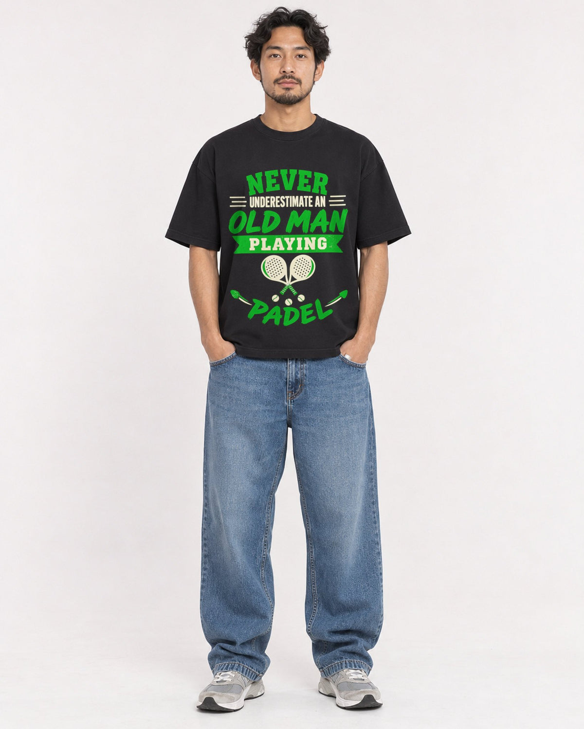 Mockup Boxy Heavyweight Tee Black male full-body 02