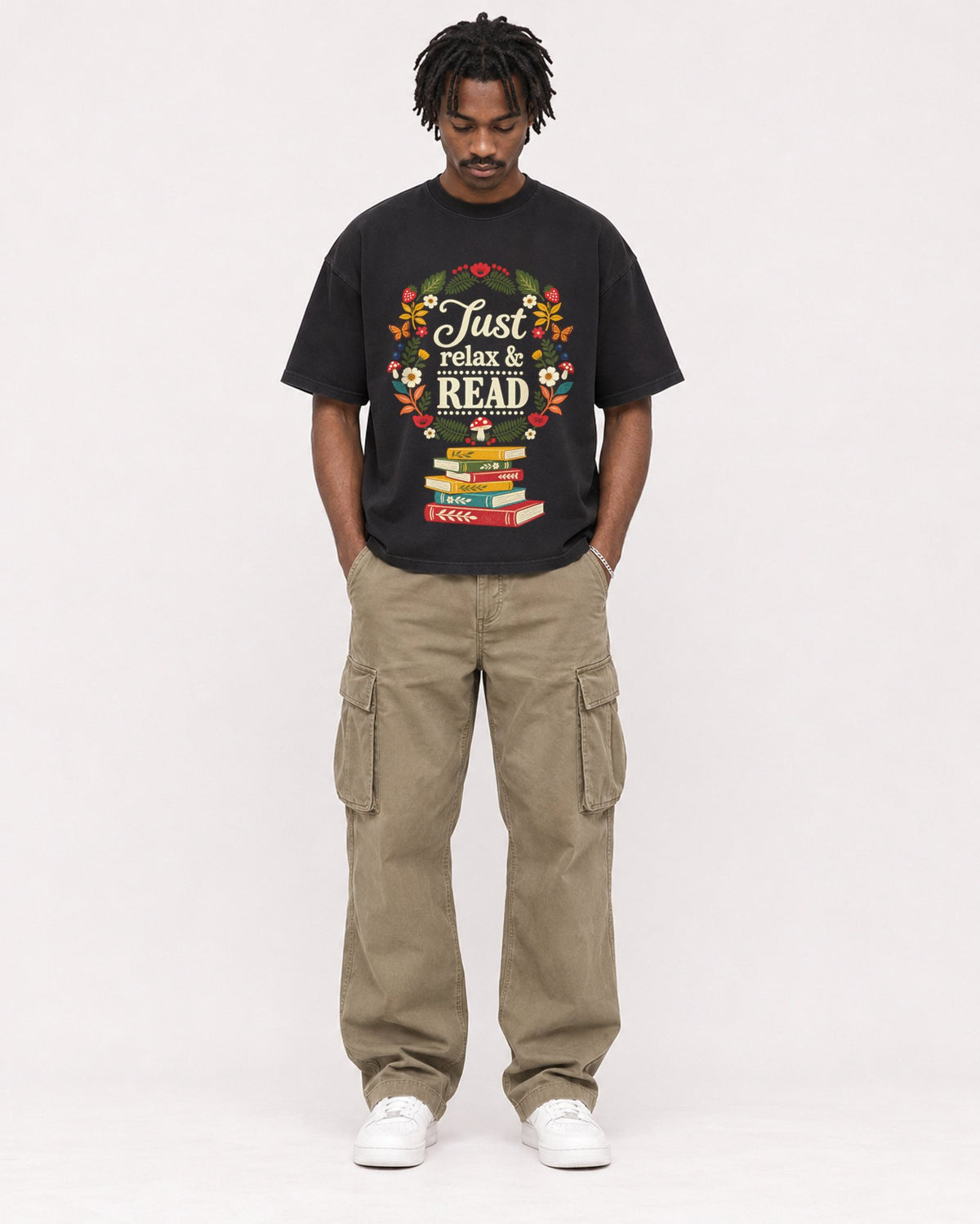 Mockup Boxy Heavyweight Tee Black male full-body 04
