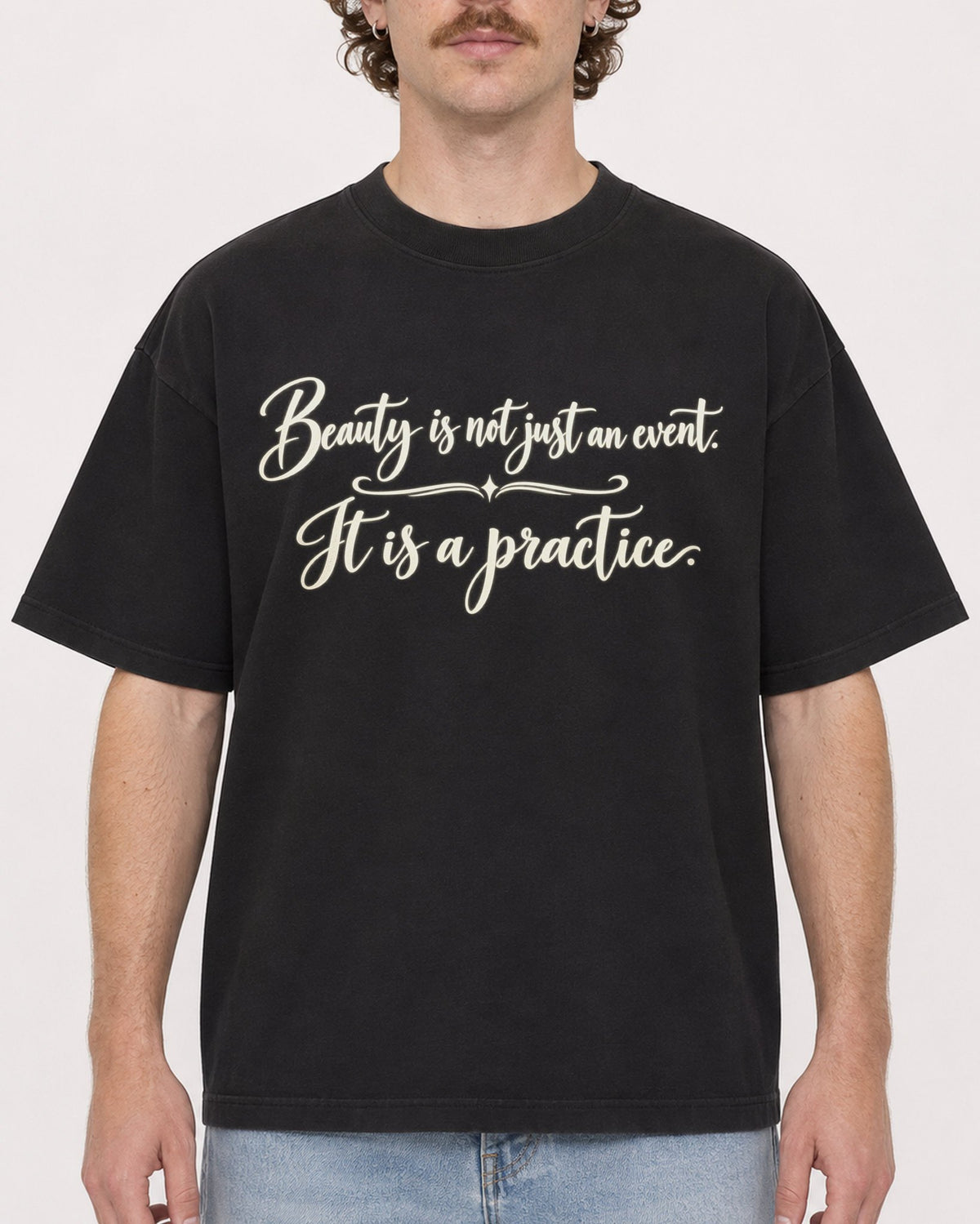 Mockup Boxy Heavyweight Tee Black male close-up 09