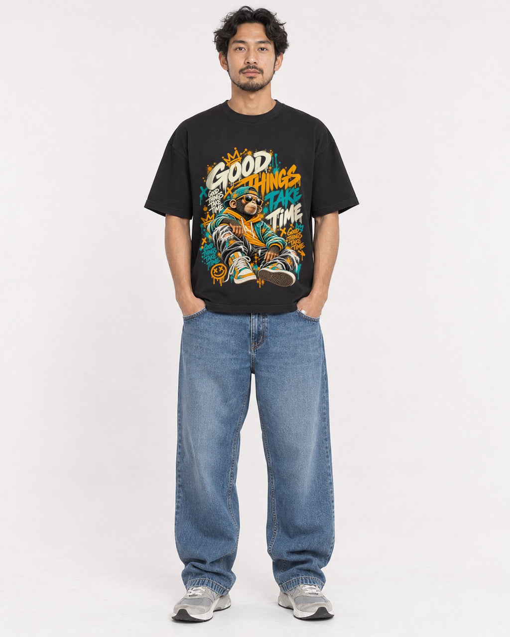 Mockup Boxy Heavyweight Tee Black male full-body 02