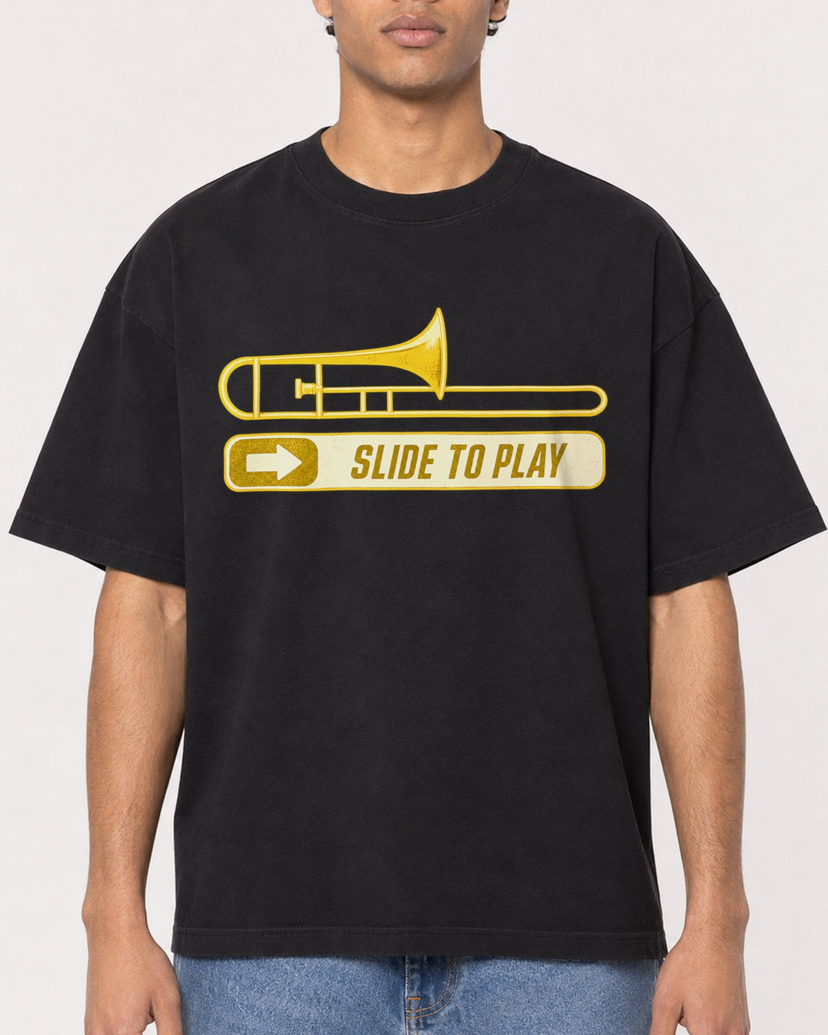 Mockup Boxy Heavyweight Tee Black male close-up 10