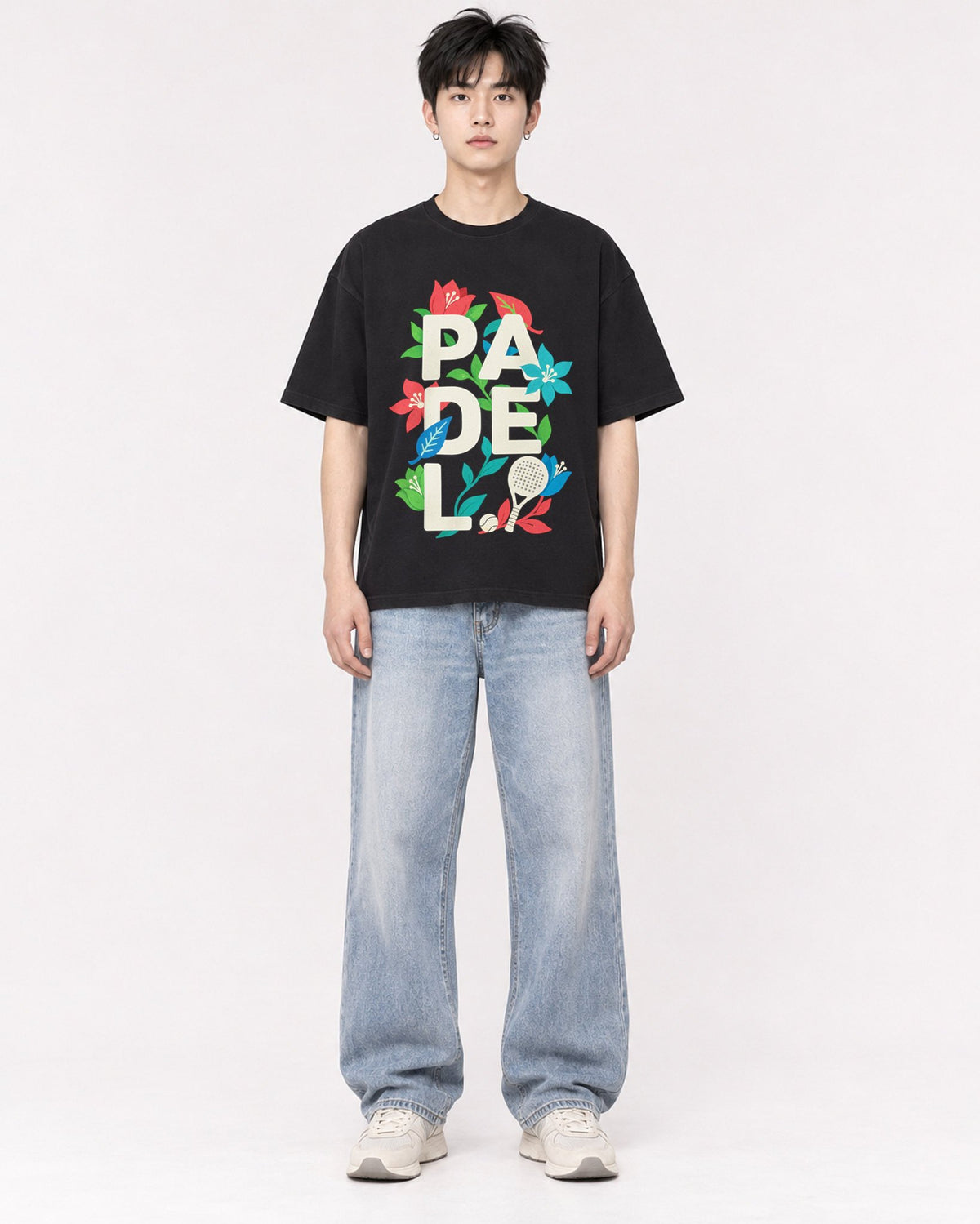 Mockup Boxy Heavyweight Tee Black male full-body 01
