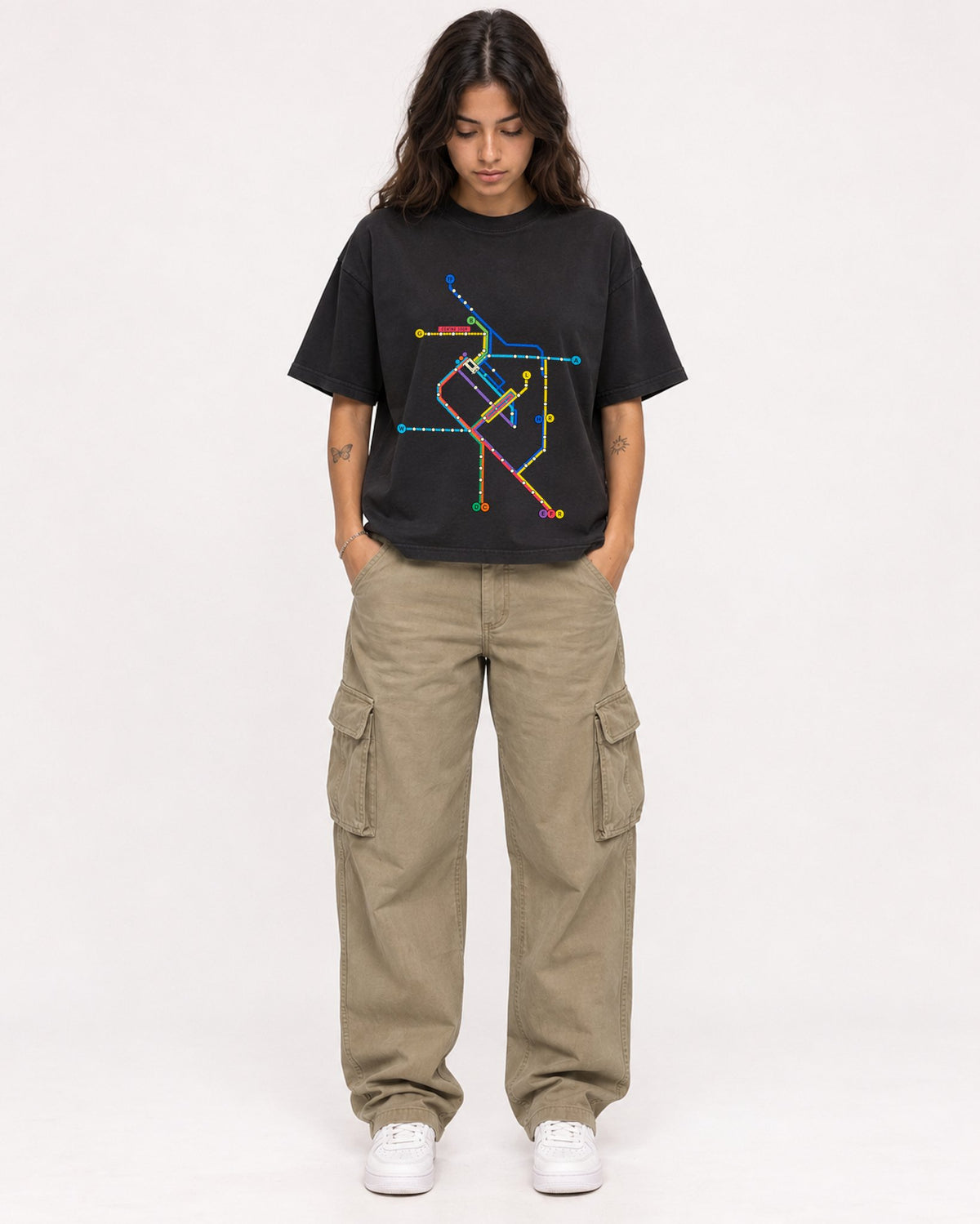 Mockup Boxy Heavyweight Tee Black female full-body 06