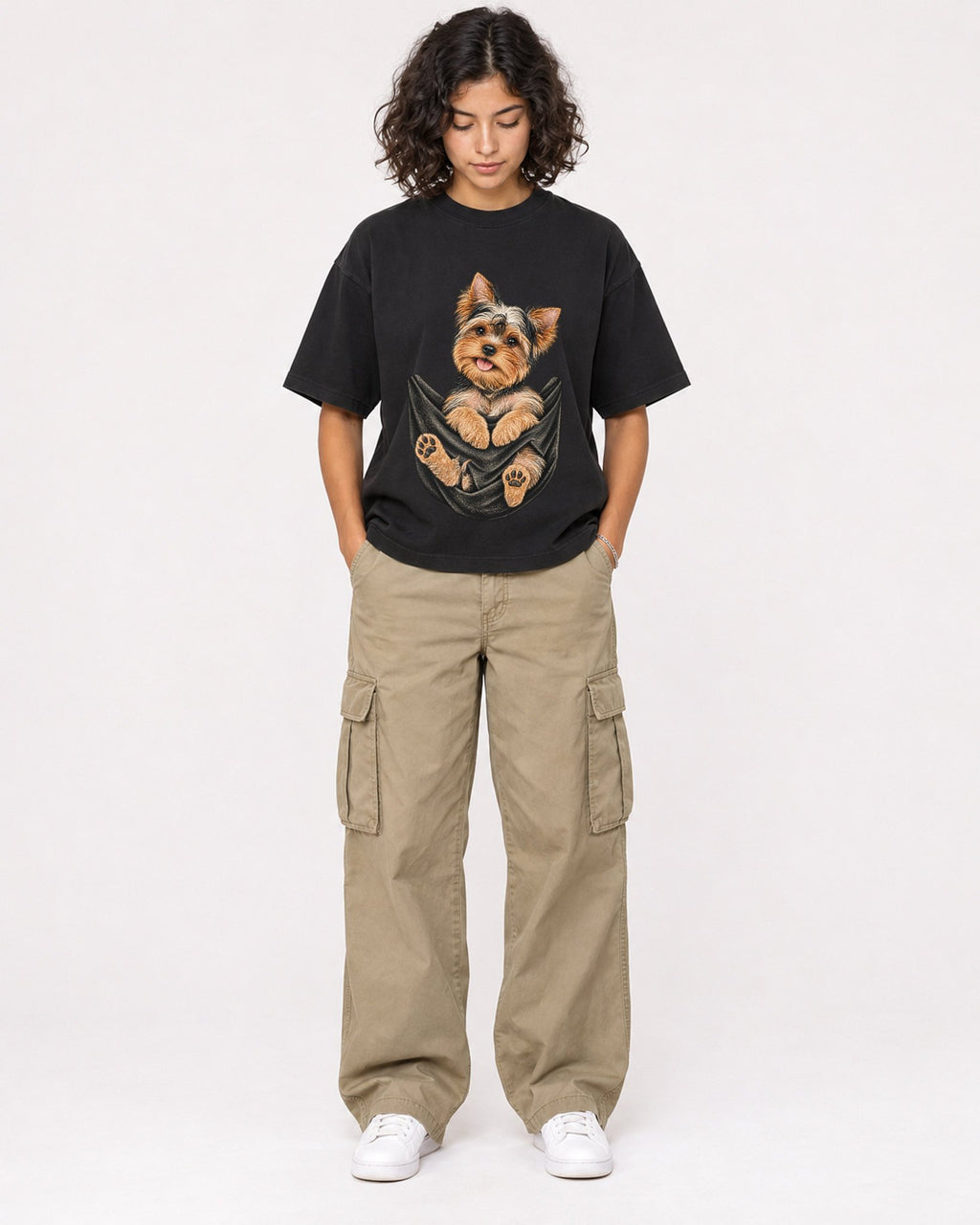 Mockup Boxy Heavyweight Tee Black female full-body 26