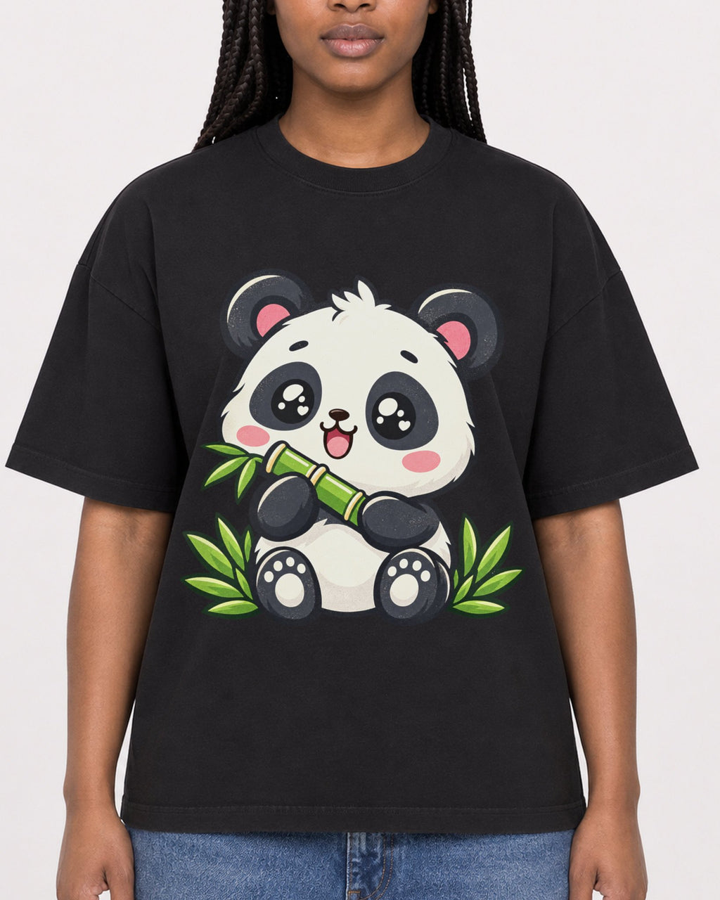 Mockup Boxy Heavyweight Tee Black female close-up 04