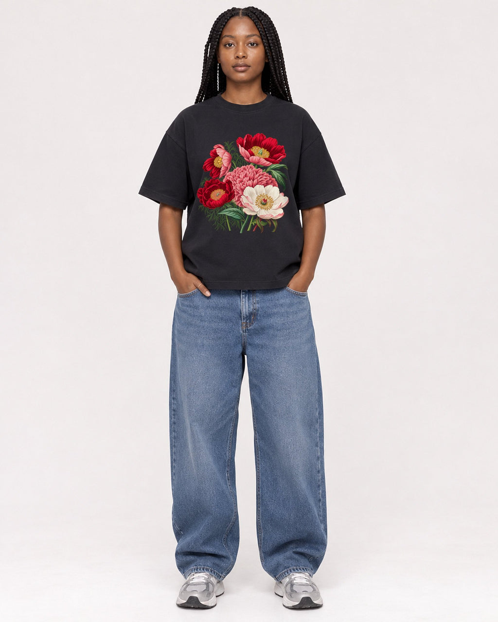 Mockup Boxy Heavyweight Tee Black female full-body 04