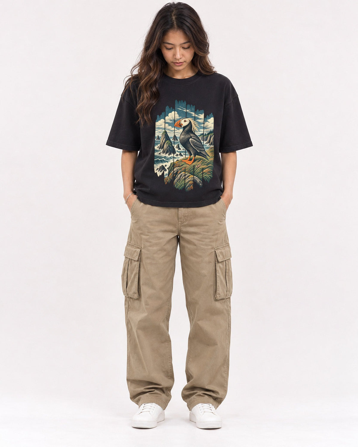 Mockup Boxy Heavyweight Tee Black female full-body 02