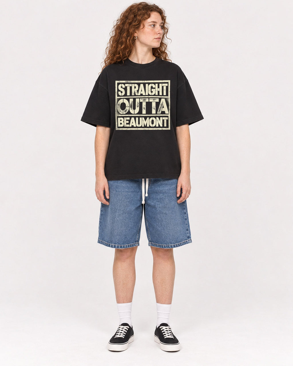 Mockup Boxy Heavyweight Tee Black female full-body 09