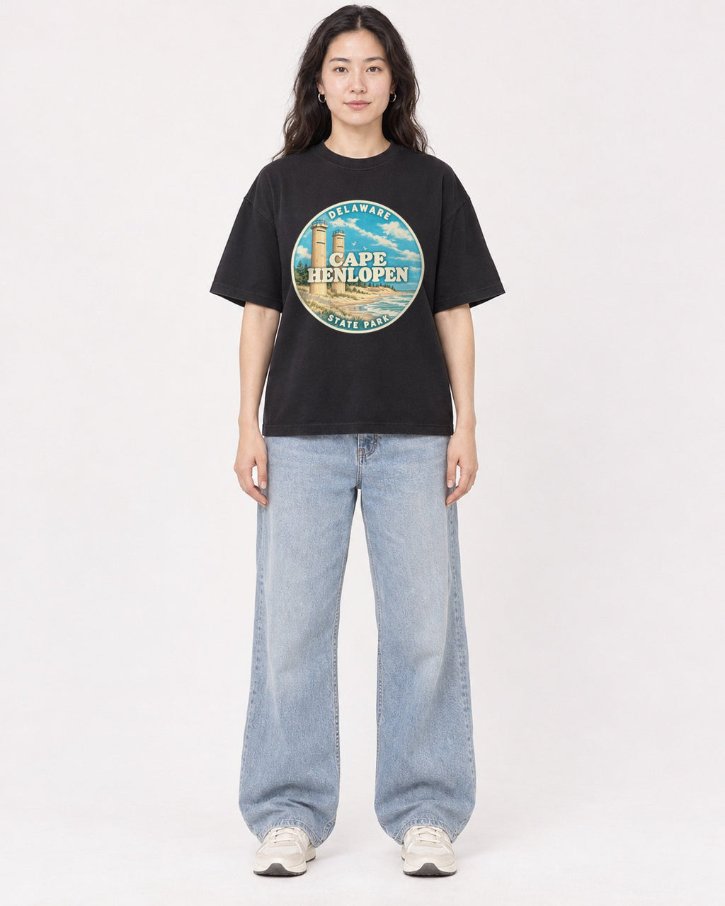 Mockup Boxy Heavyweight Tee Black female full-body 03
