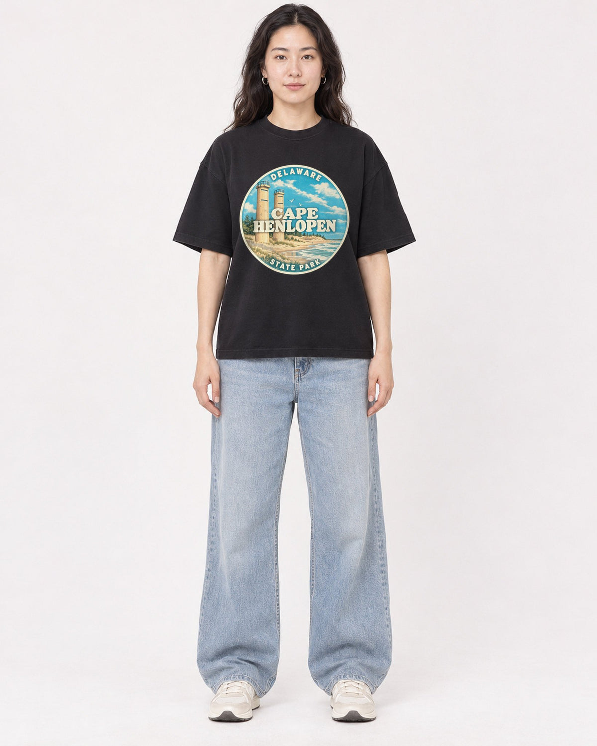 Mockup Boxy Heavyweight Tee Black female full-body 03