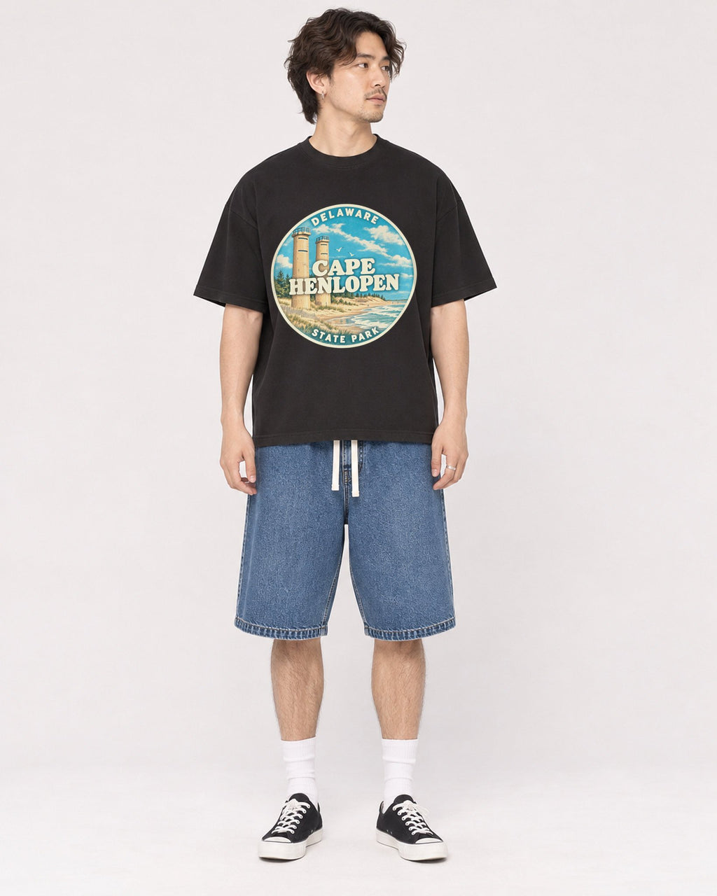 Mockup Boxy Heavyweight Tee Black male full-body 03