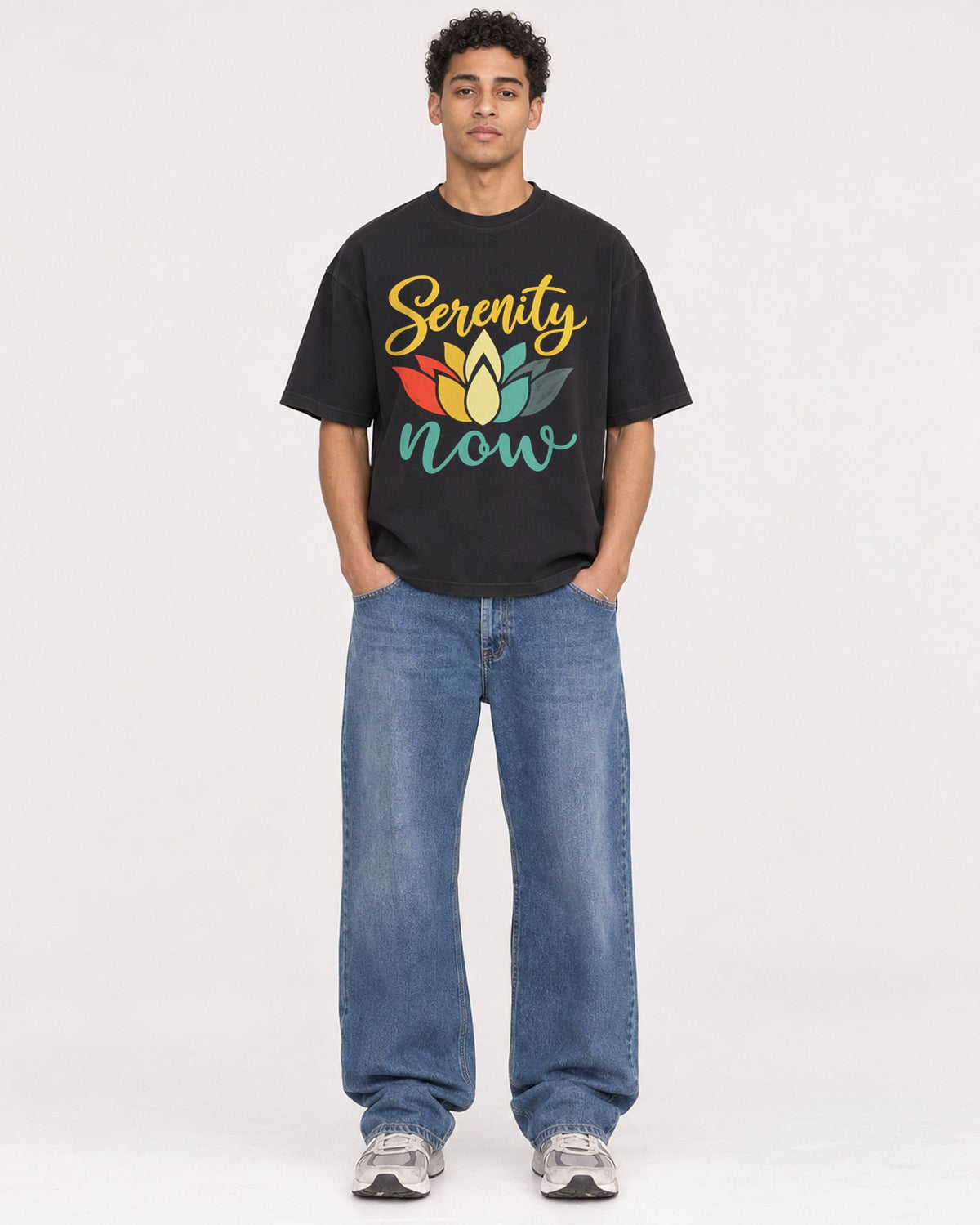 Mockup Boxy Heavyweight Tee Black male full-body 10