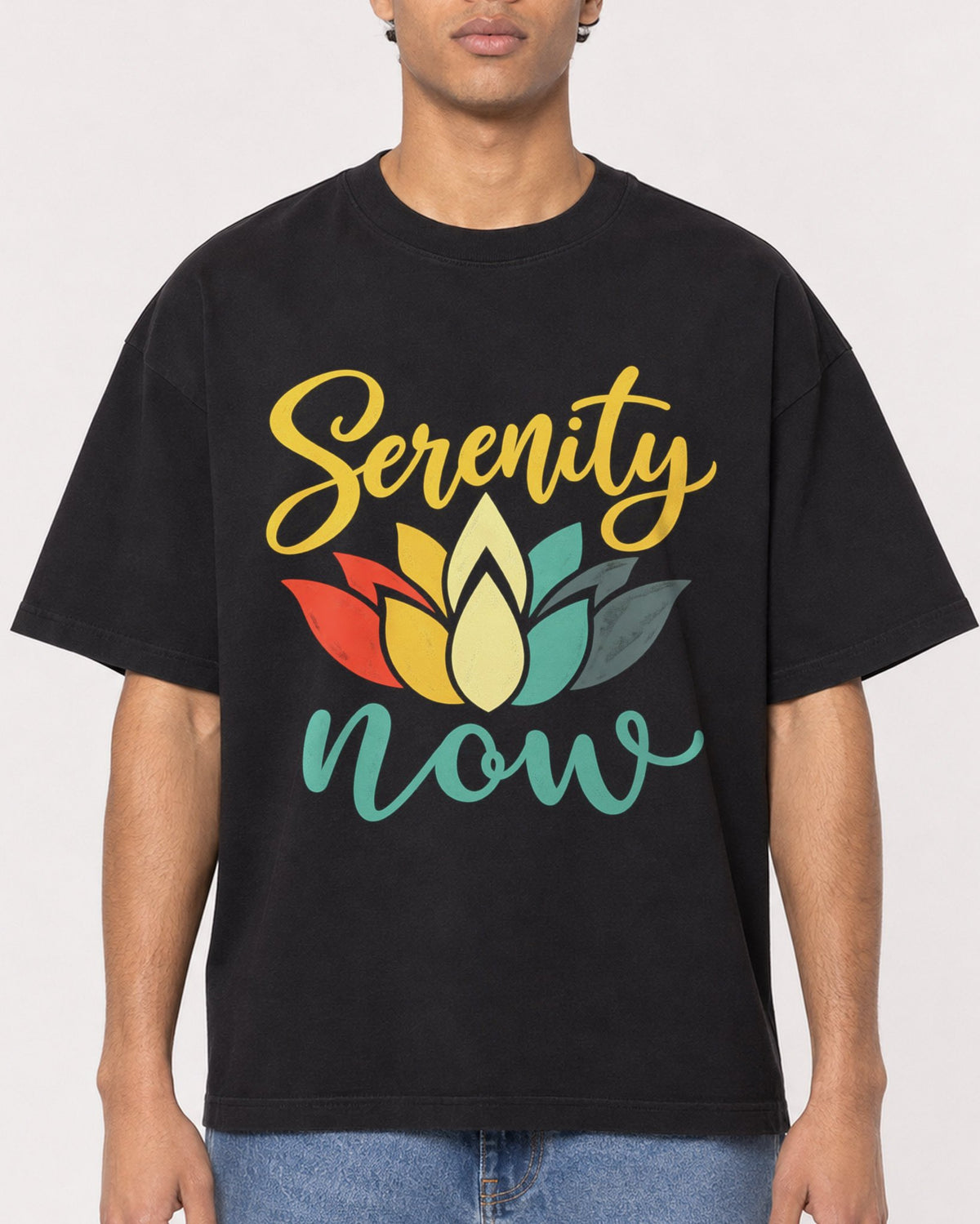 Mockup Boxy Heavyweight Tee Black male close-up 10