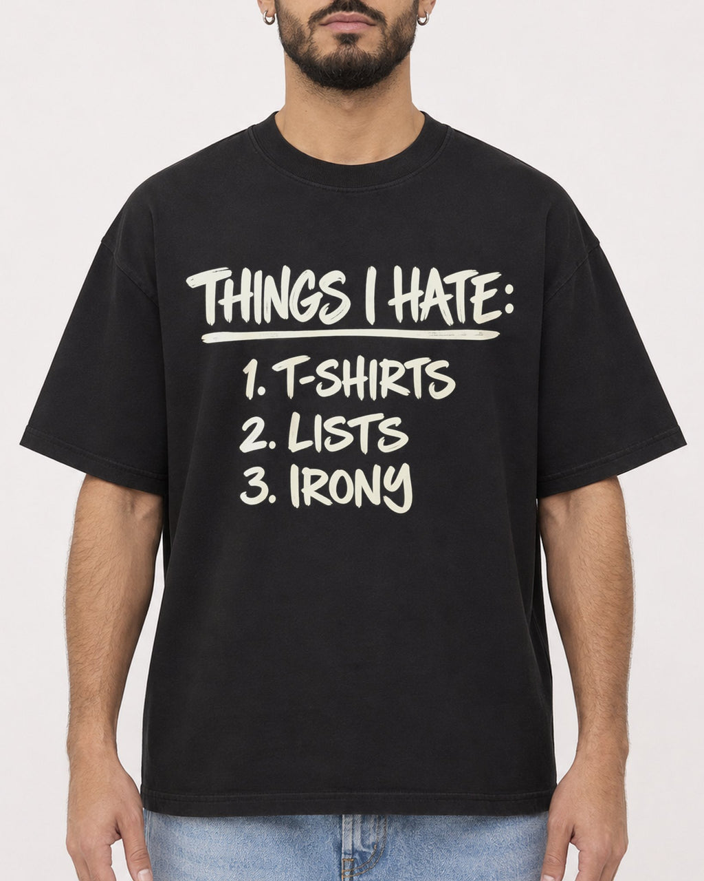 Mockup Boxy Heavyweight Tee Black male close-up 37