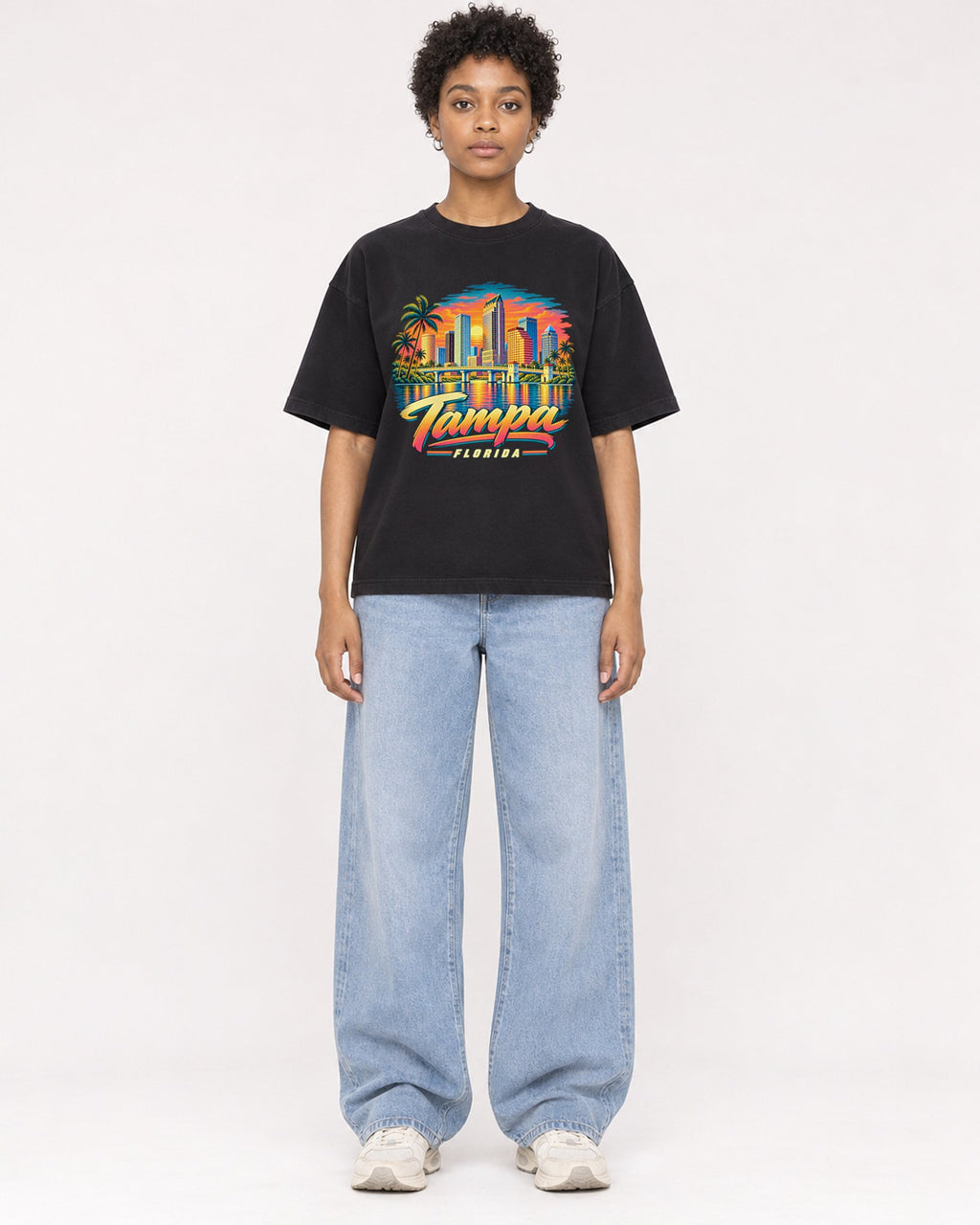 Mockup Boxy Heavyweight Tee Black female full-body 35