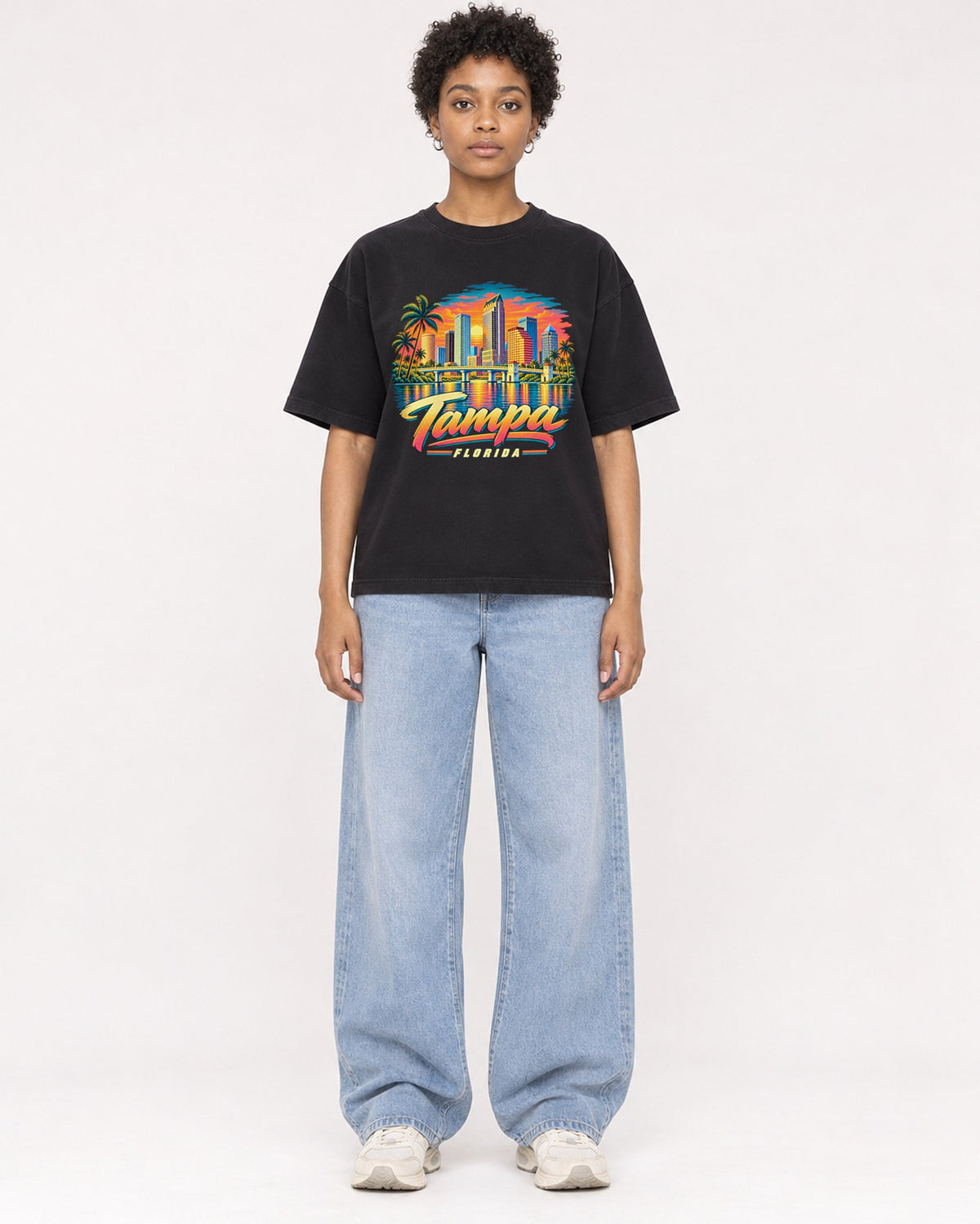 Mockup Boxy Heavyweight Tee Black female full-body 35