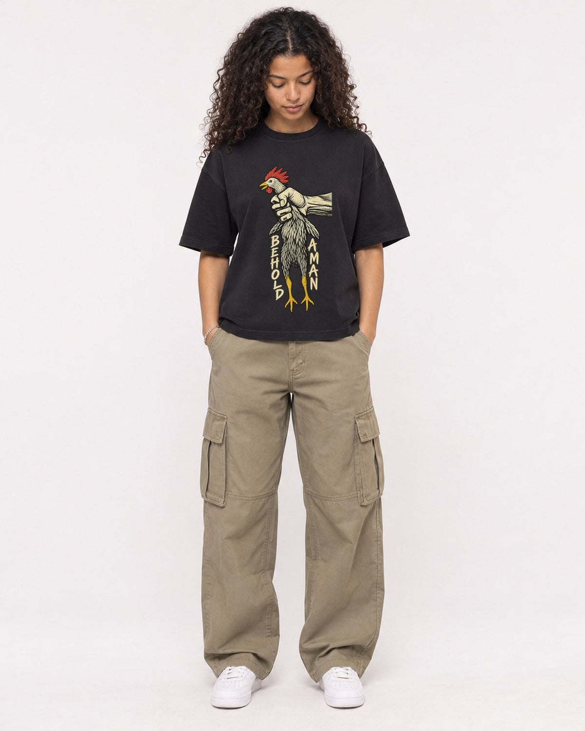 Mockup Boxy Heavyweight Tee Black female full-body 10